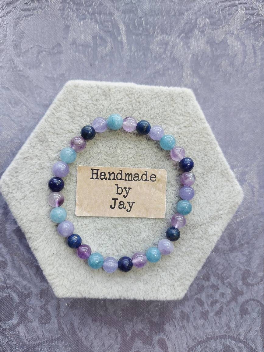 8mm  Undyed  Natural Lapis Lazuli, Amethyst and Aquamarine Crystal Gemstone Beaded  Bracelet Throat Chakra