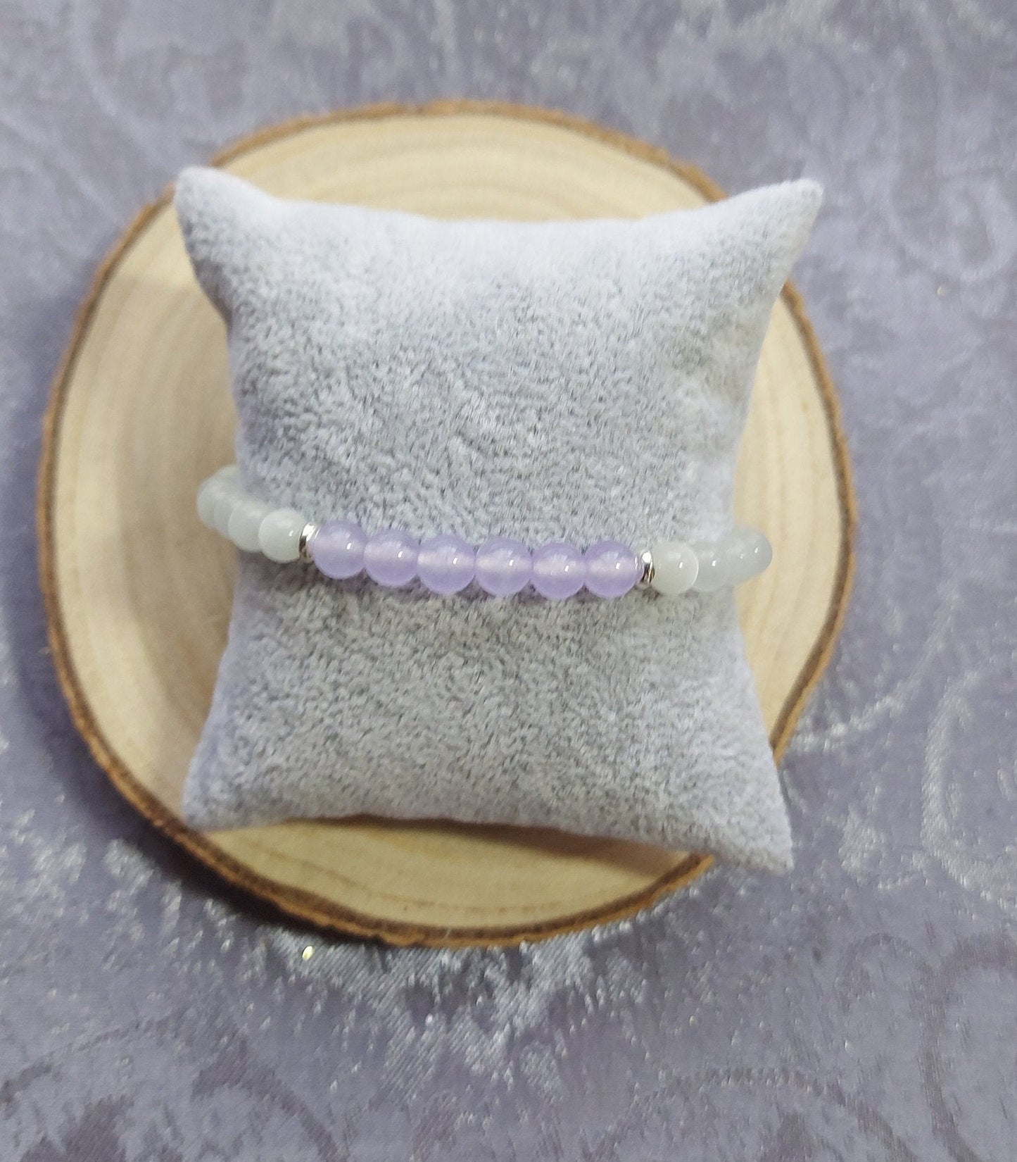 Handmade 6mm Selenite & Lilac Jade Crystal Gemstone Beaded Bracelet Crown Chakra Cleansing