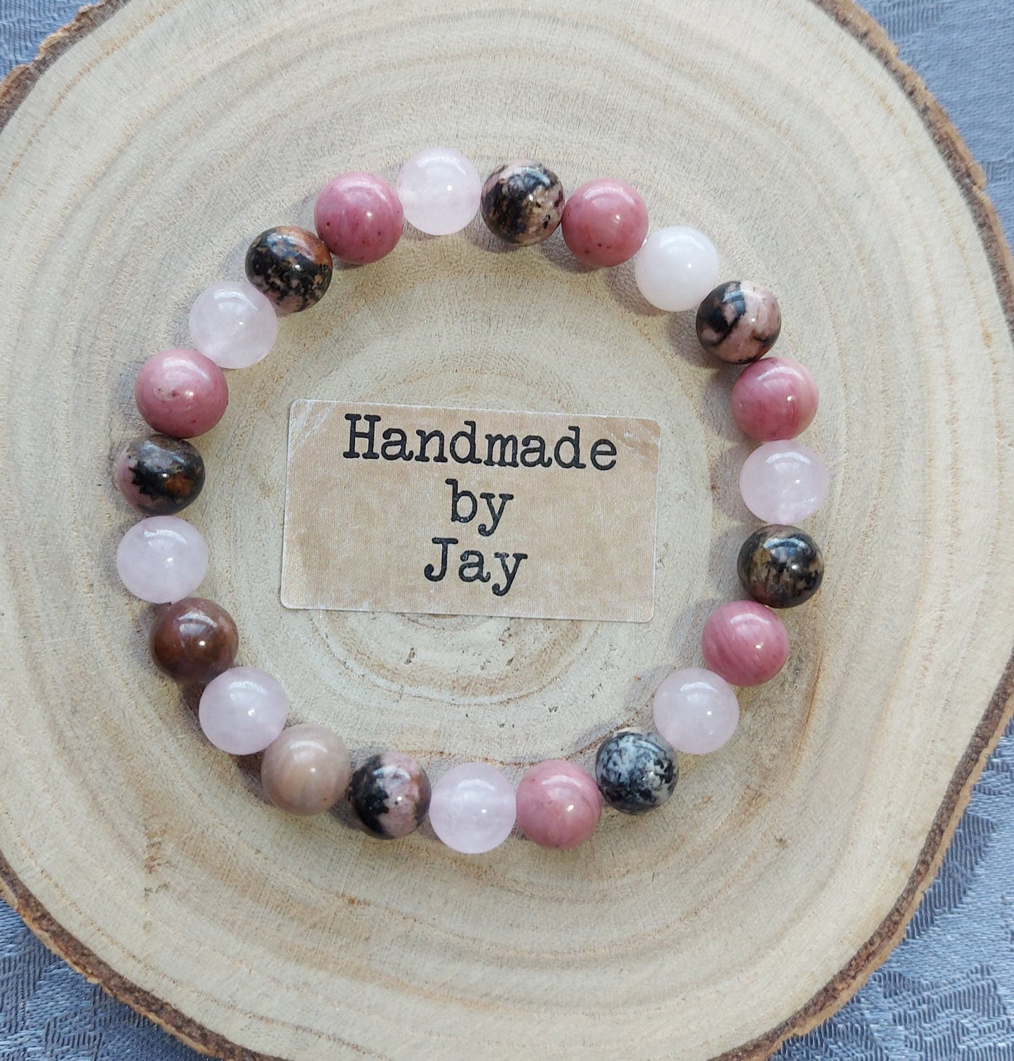 8mm Heart Chakra Rose Quartz, Rhodochrosite and Rhodonite Crystal Gemstone Beaded Bracelet