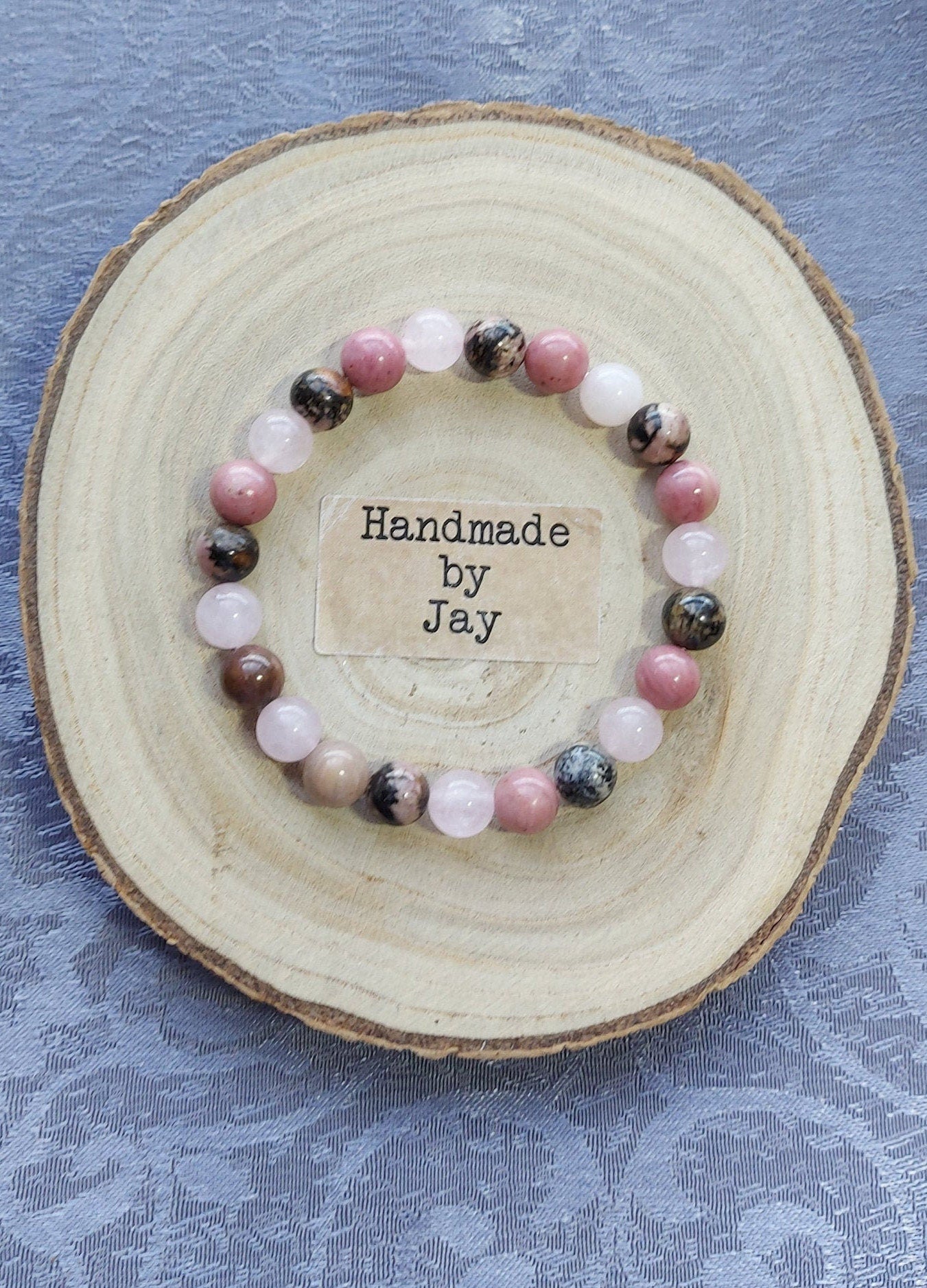 8mm Heart Chakra Rose Quartz, Rhodochrosite and Rhodonite Crystal Gemstone Beaded Bracelet