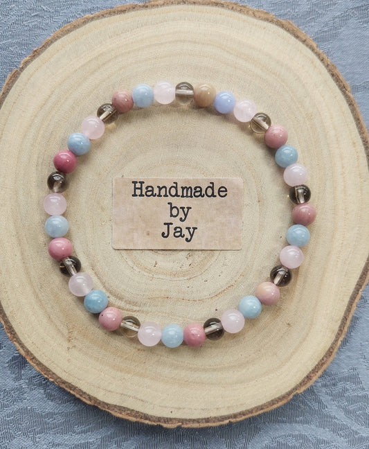 Rose Quartz, Angelite, Rhodochrosite, Smoky Quartz Crystal Gemstone Beaded Bracelet Heart Chakra