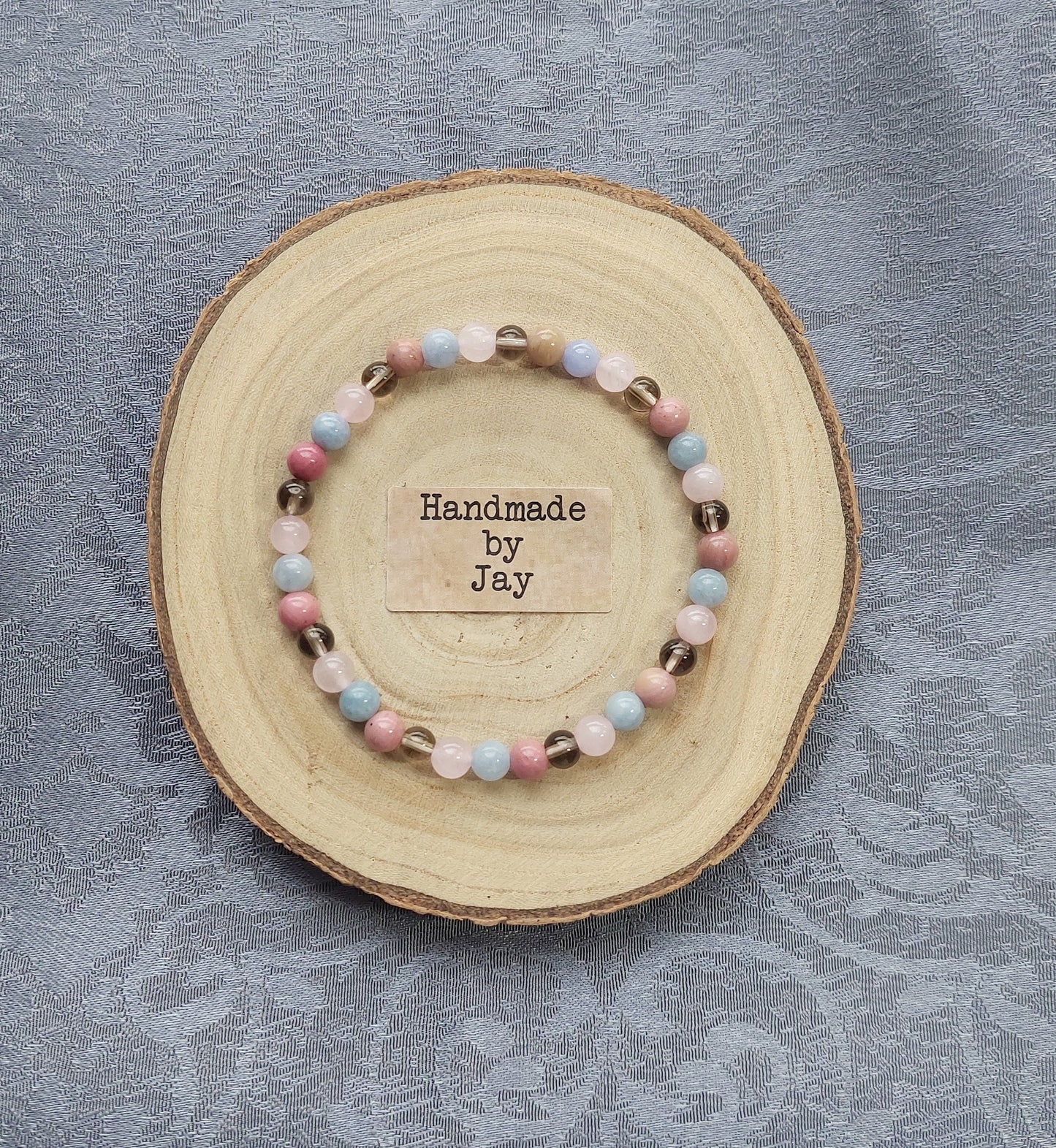 Rose Quartz, Angelite, Rhodochrosite and Smoky Quartz Crystal Gemstone Beaded Bracelet