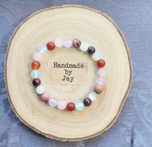 Moonstone, Jade, Rose Quartz, Rhodonite Crystal Gemstone Beaded Bracelet