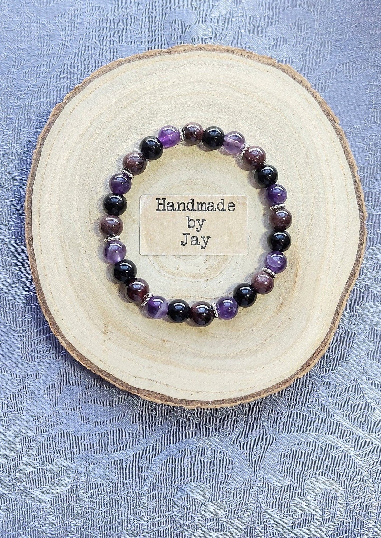 Natural Garnet, Amethyst & Black Tourmaline Crystal Gemstone Beaded Bracelet