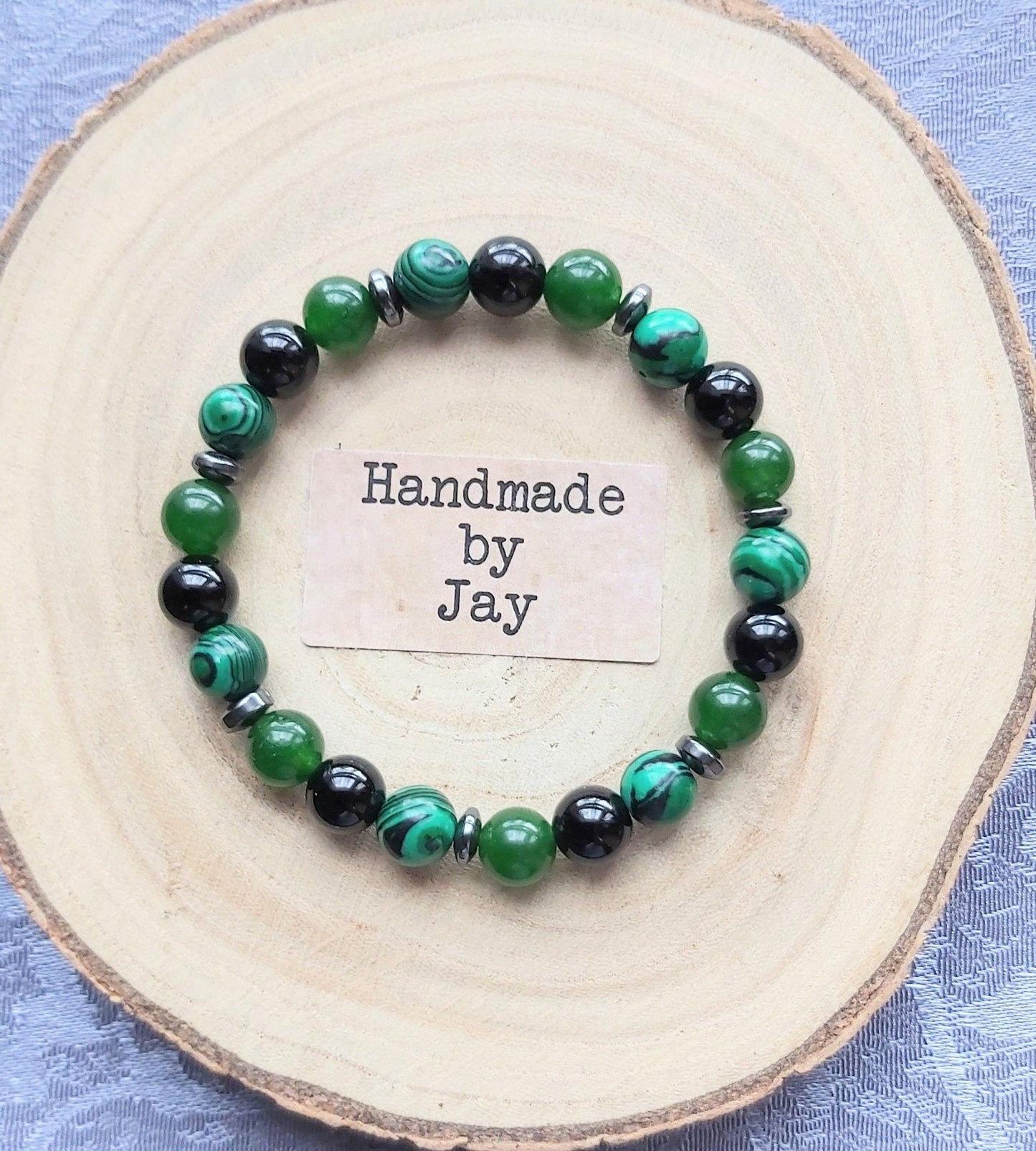 Malachite, Jade & Black Onyx Crystal Beaded Gemstone Bracelet