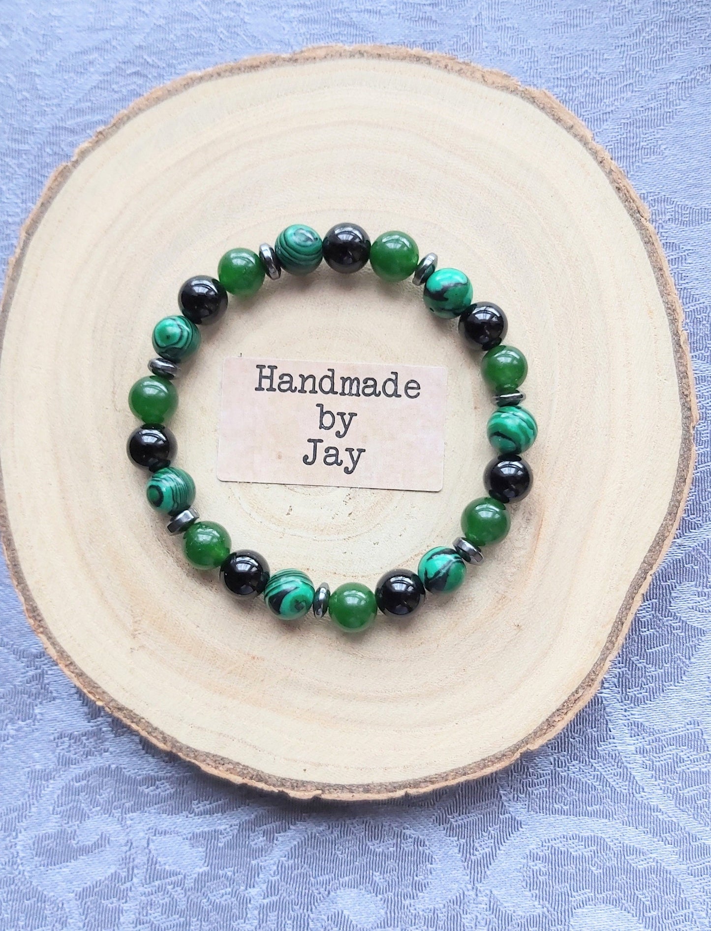 Malachite, Jade & Black Onyx Crystal Beaded Gemstone Bracelet