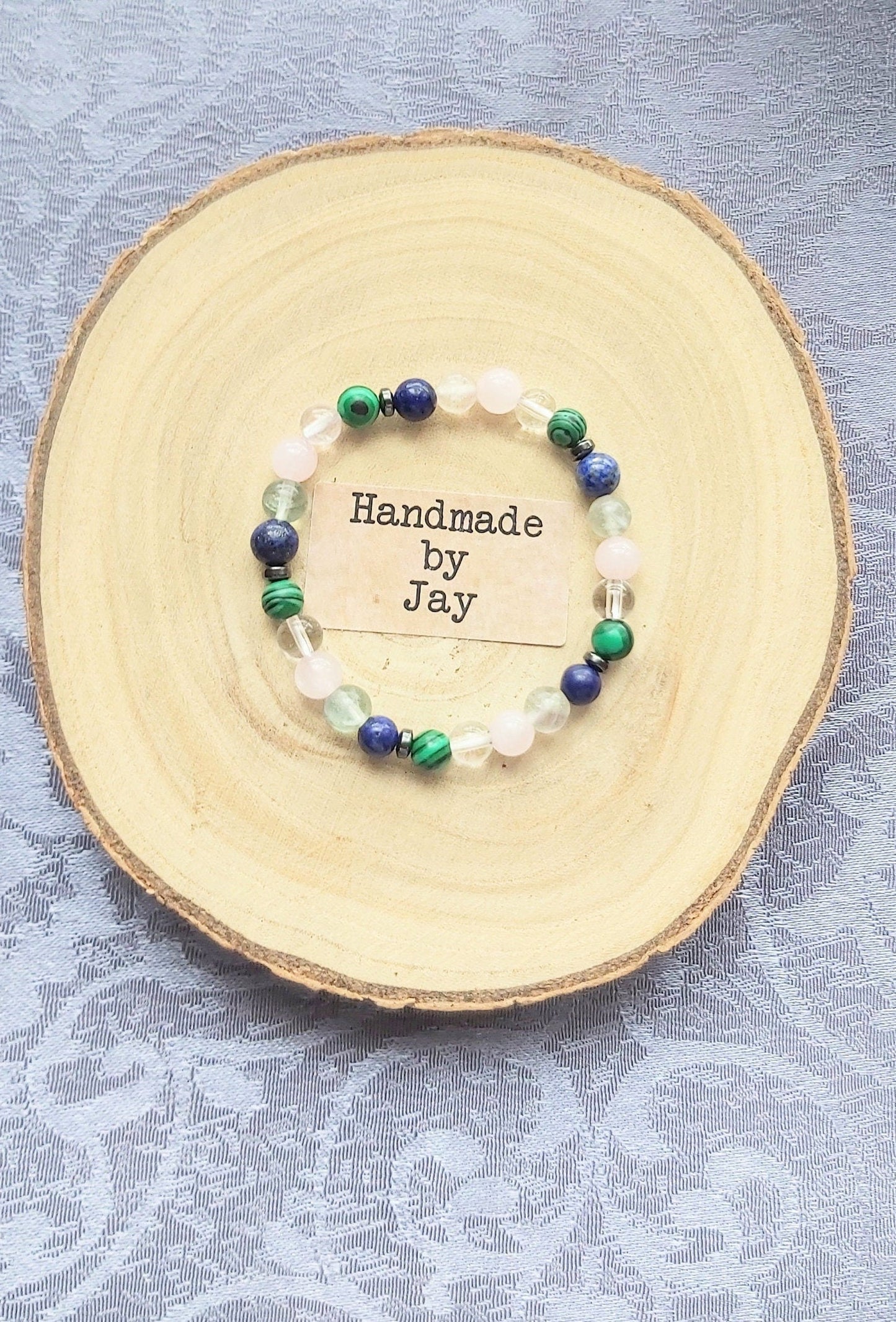 Handmade Crystal Healing Gemstone Bracelet: Malachite, Lapis Lazuli, Fluorite