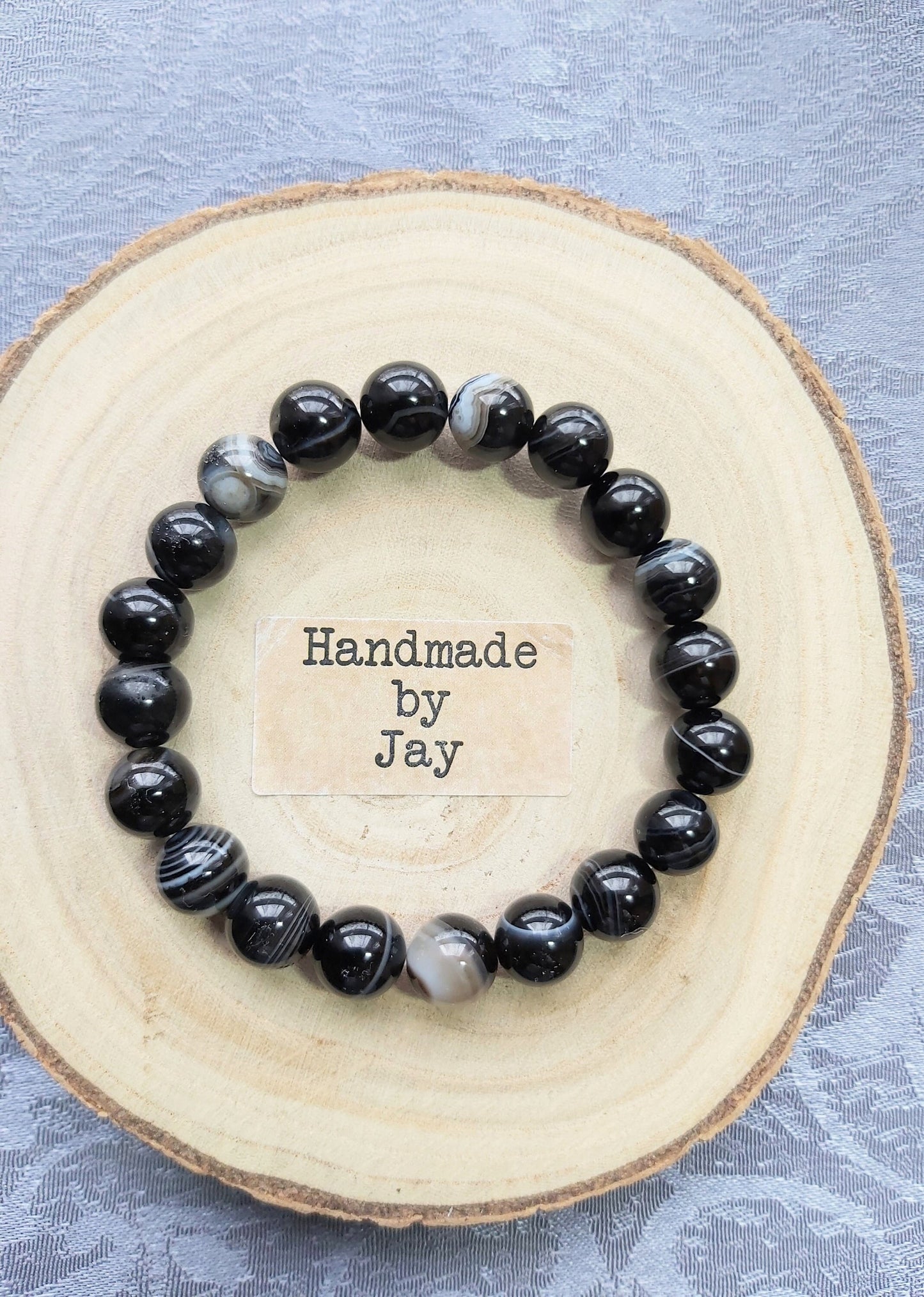 Handmade Natural 10mm Sardonyx Black Crystal Healing Stone Bracelet for Cleansing, Metabolism and Back Pain