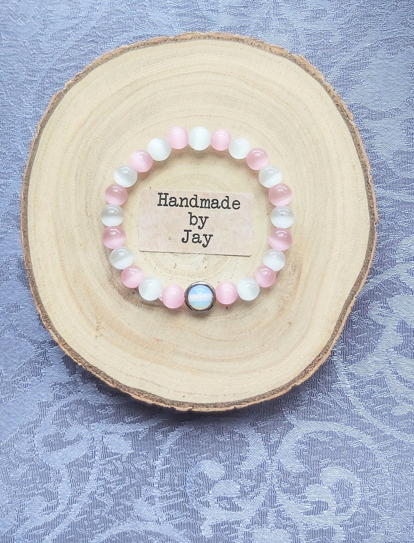 Rose Quartz, Moonstone & Selenite Crystal Gemstone Bracelet: 925 Sterling Silver