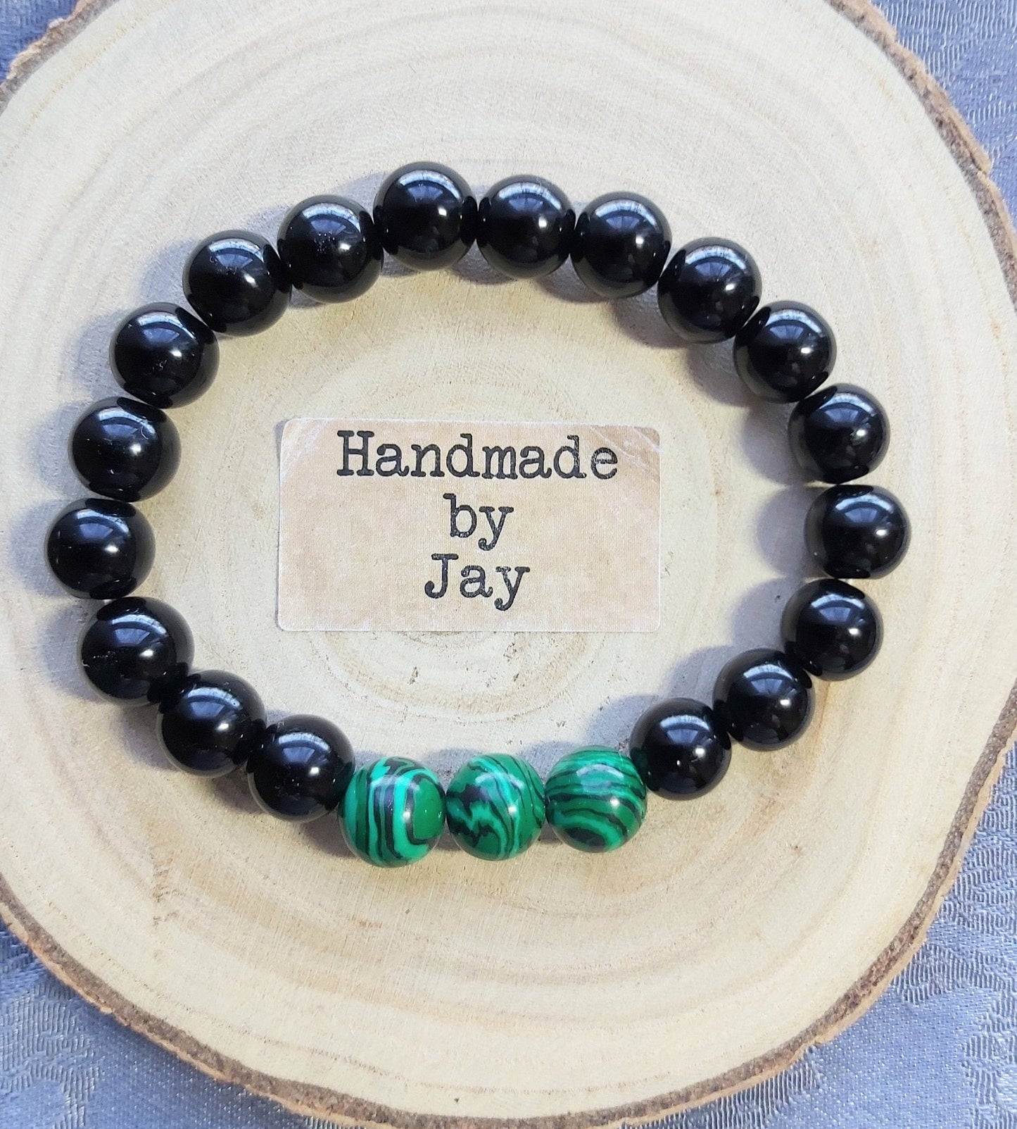 Handmade Malachite & Black Tourmaline Beaded Bracelet: Grounding Crystal Gemstone
