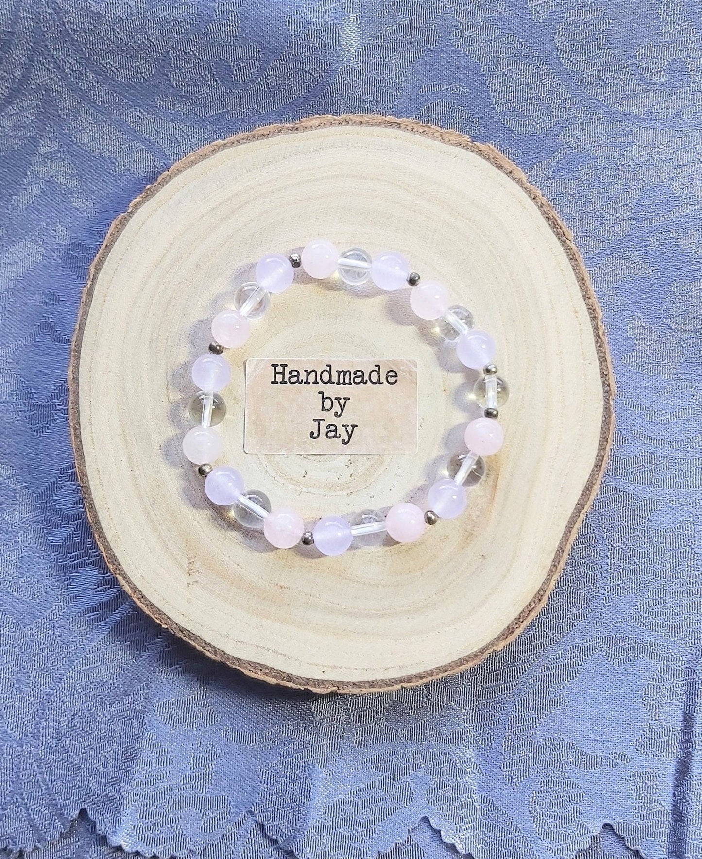 Crystal Quartz Beaded Bracelet: Rose Quartz & Lilac Jade, Handmade