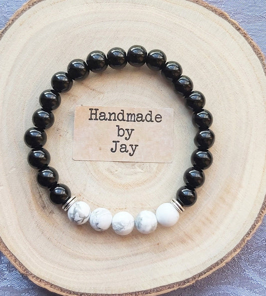 8mm Black Tourmaline and Howlite for ADHD, Anxiety & Protection Crystal Beaded Chakra Bracelet