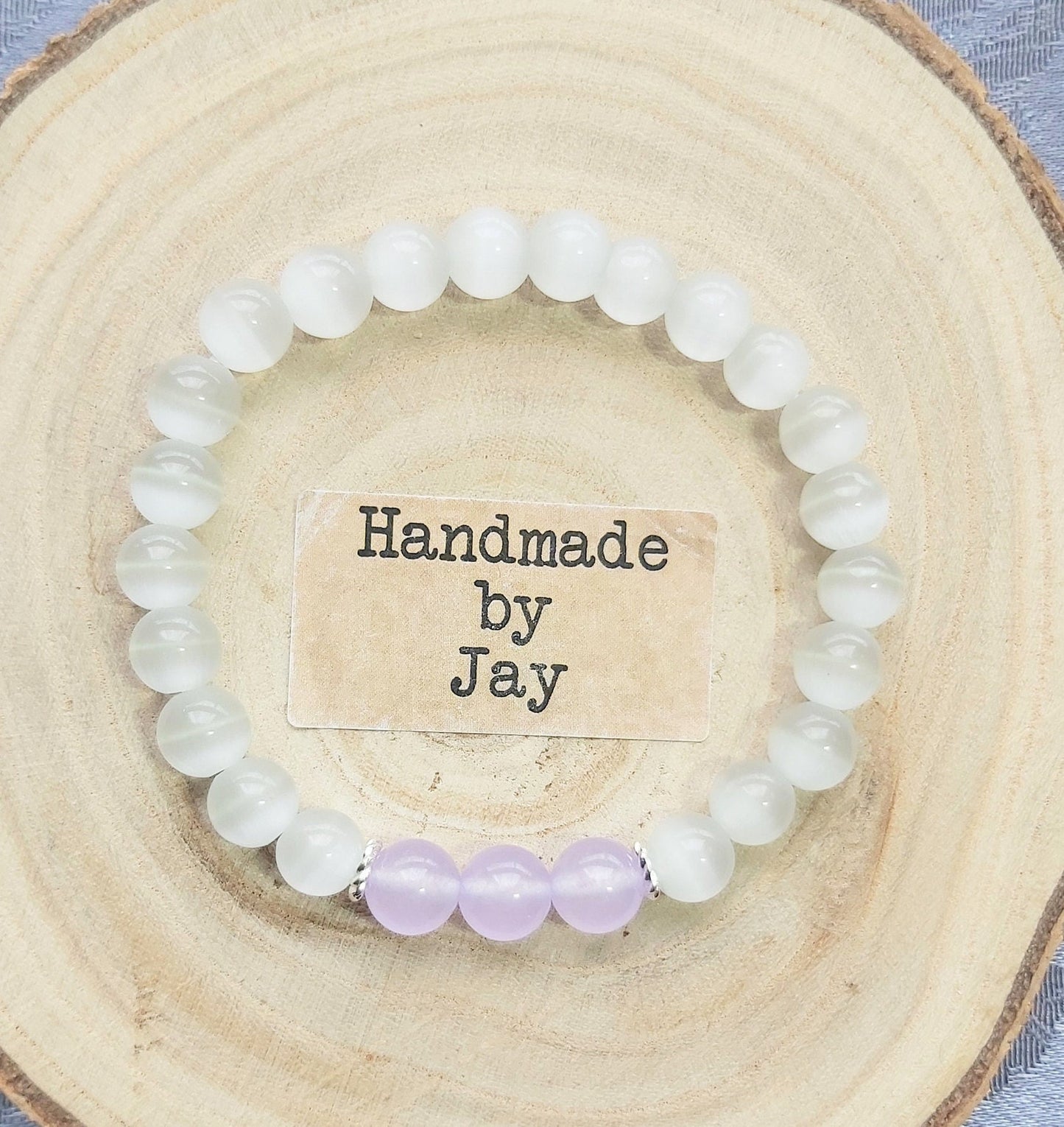 Handmade Selenite & Lilac Jade Crystal Healing Bracelet