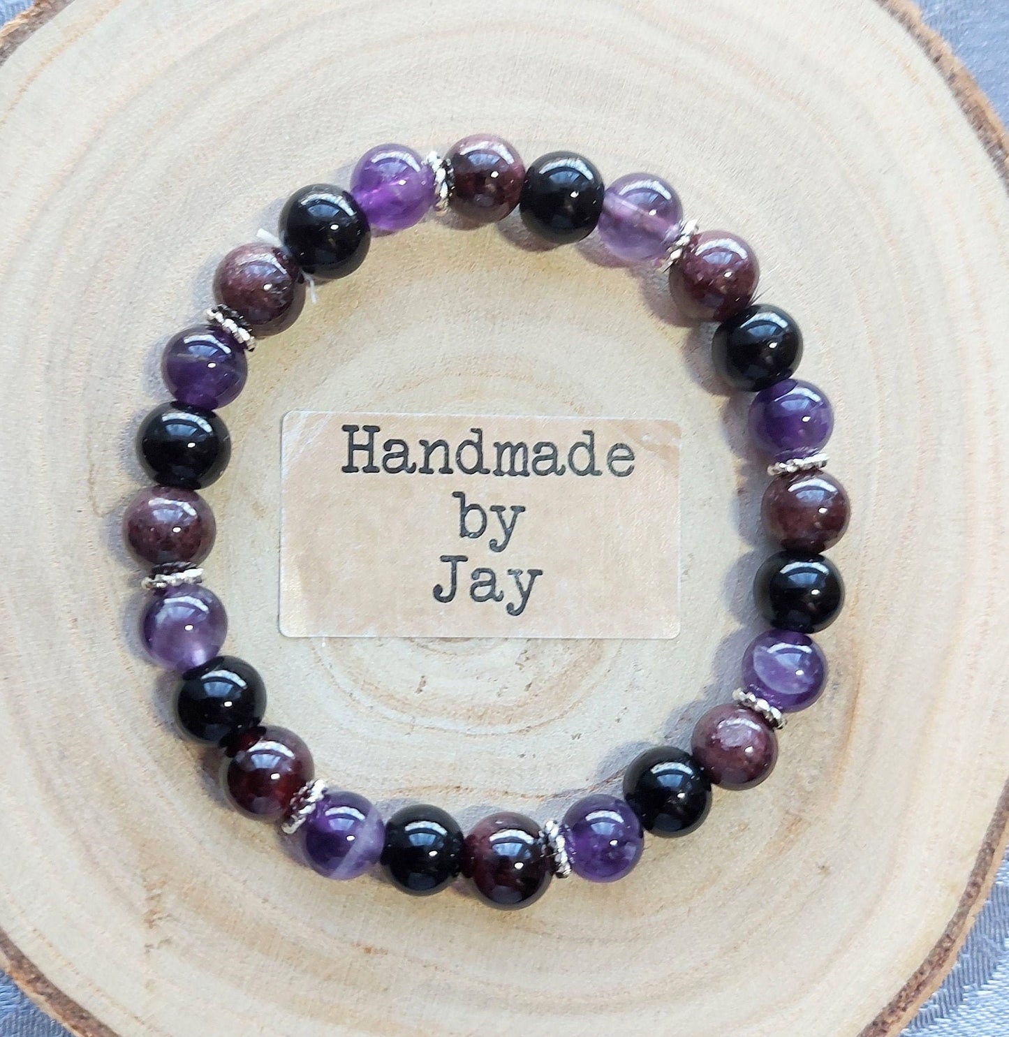 Handmade AAA Natural 8mm Garnet, Dream Amethyst & Black Tourmaline Crystal Healing Beaded Gemstone Bracelet