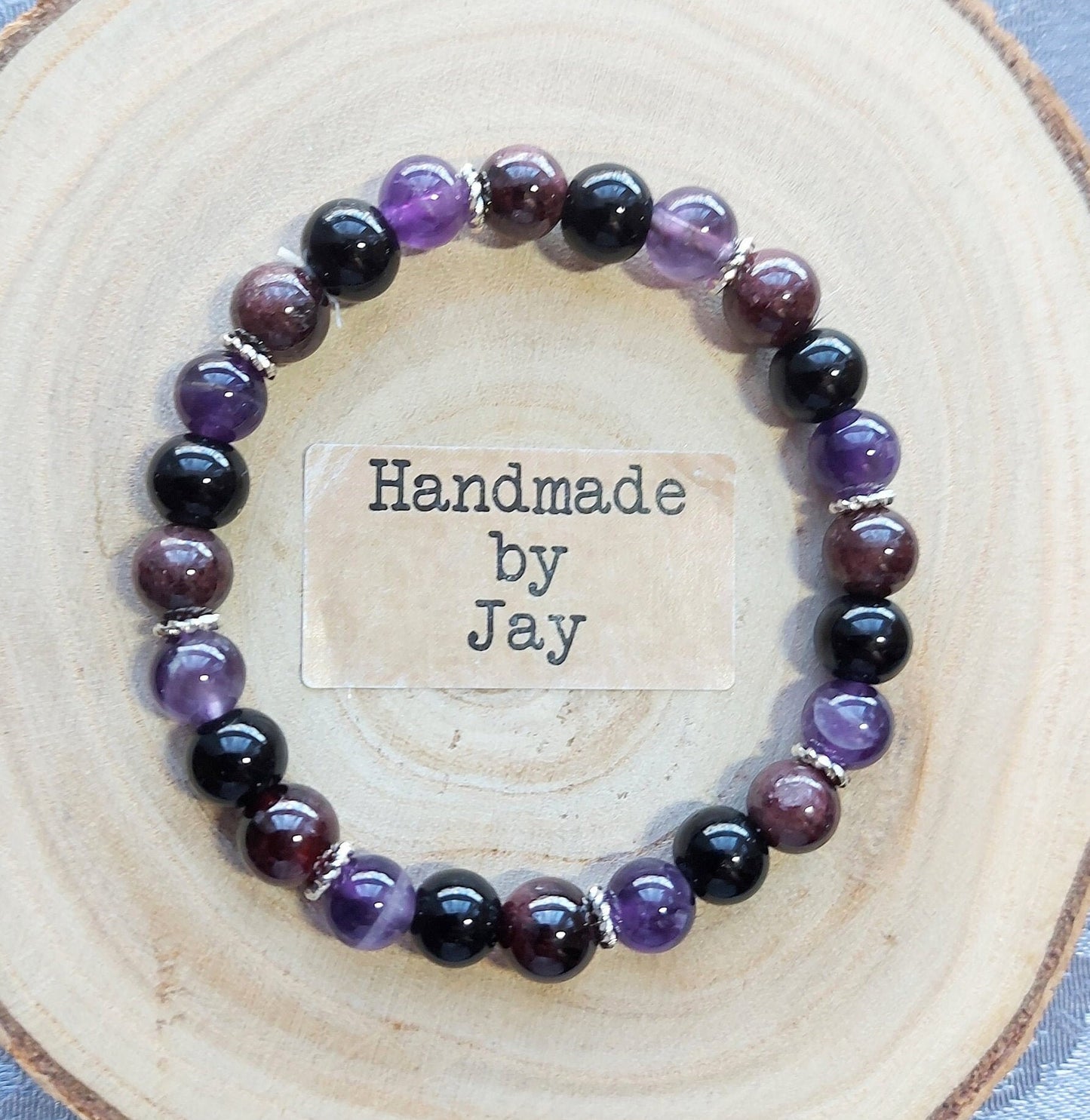 Natural Garnet, Amethyst & Black Tourmaline Crystal Gemstone Beaded Bracelet