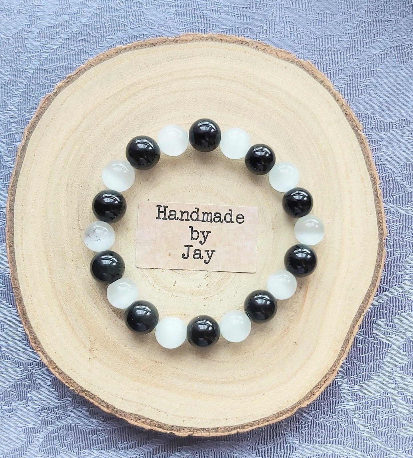 Selenite & Black Tourmaline Grounding Crystal Elasticated Beaded Gemstone Bracelet