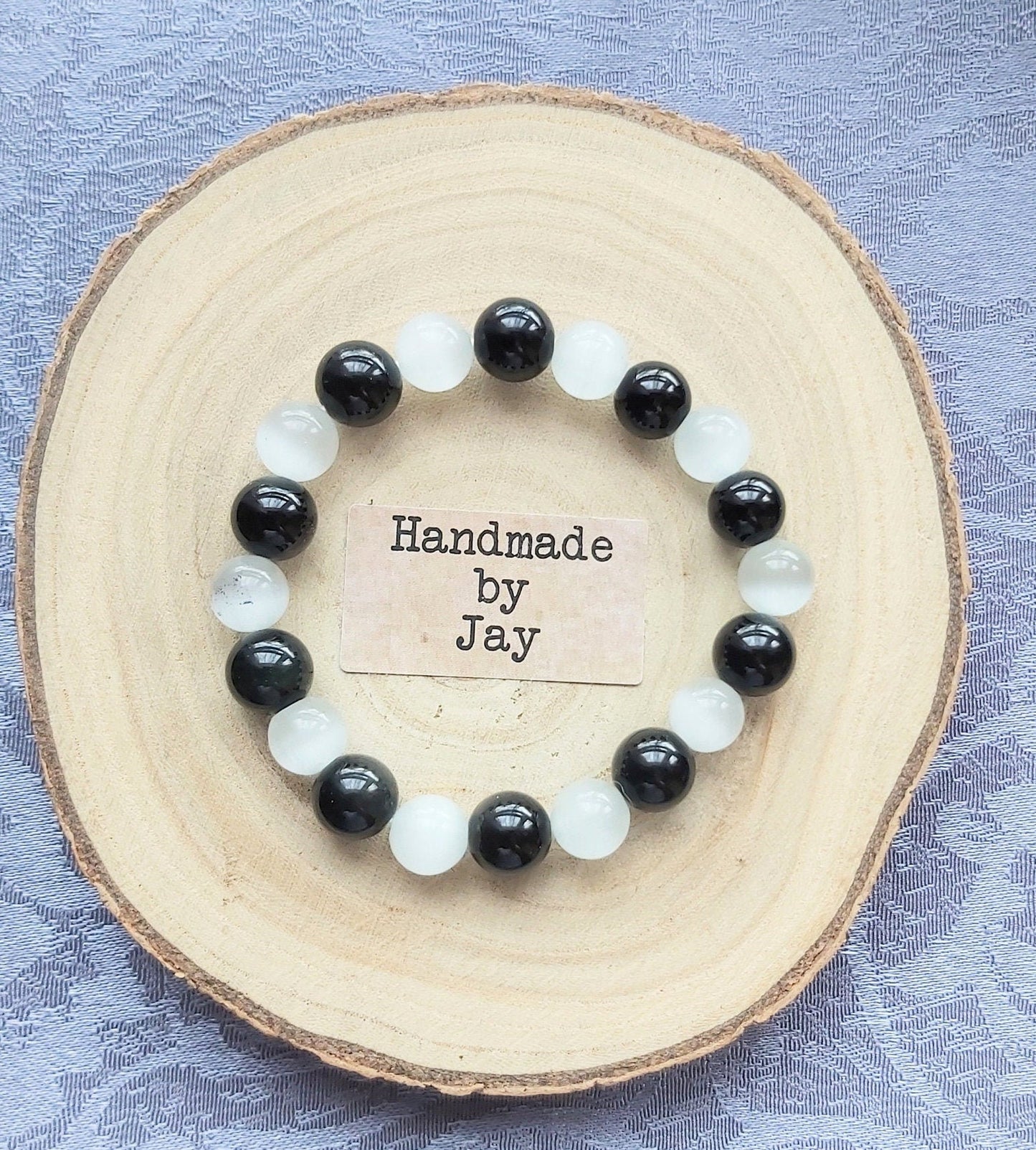 Selenite & Black Tourmaline Bracelet: Crystal Healing, Grounding, Reiki Charged