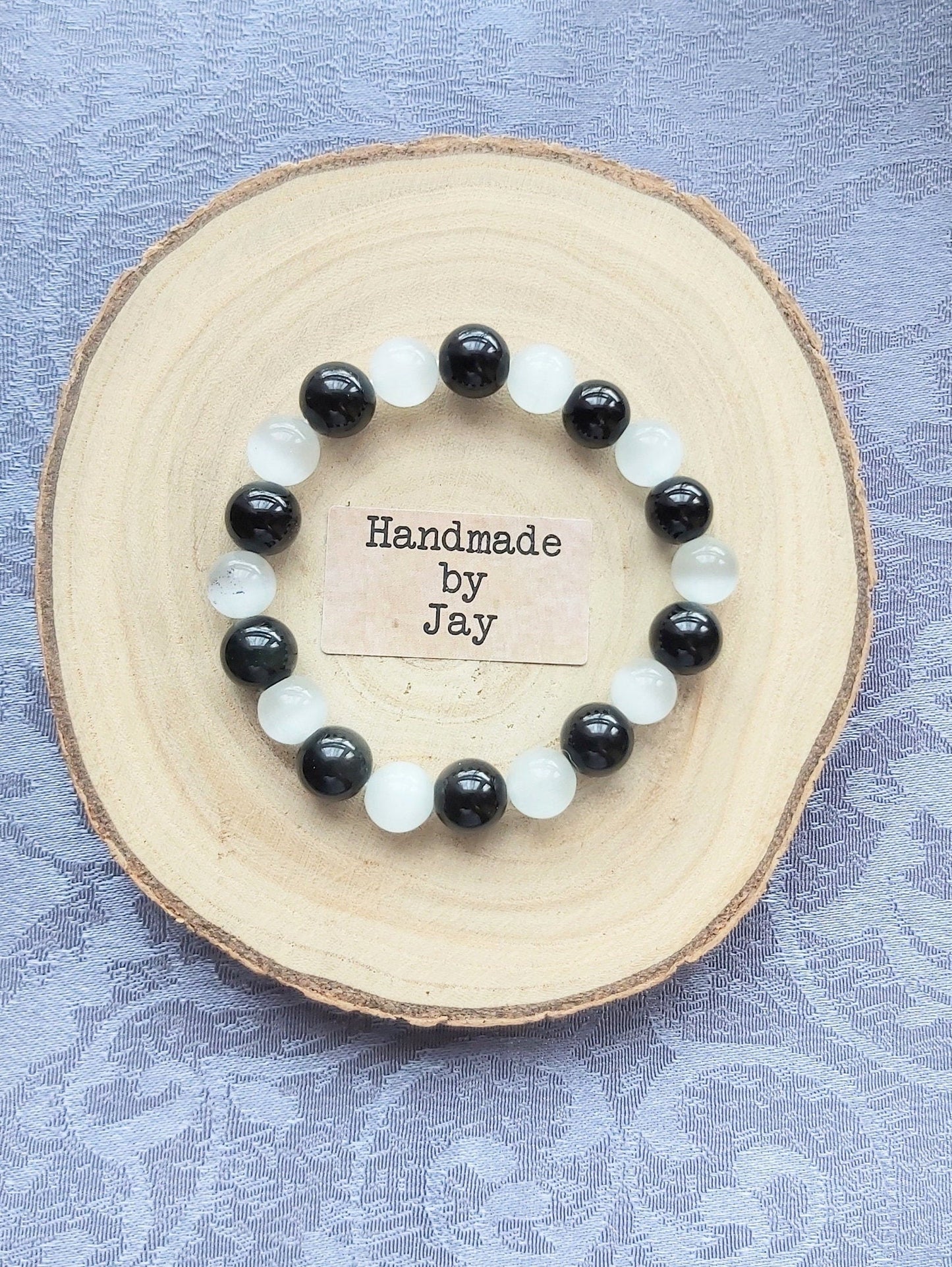 Selenite & Black Tourmaline Bracelet: Crystal Healing, Grounding, Reiki Charged