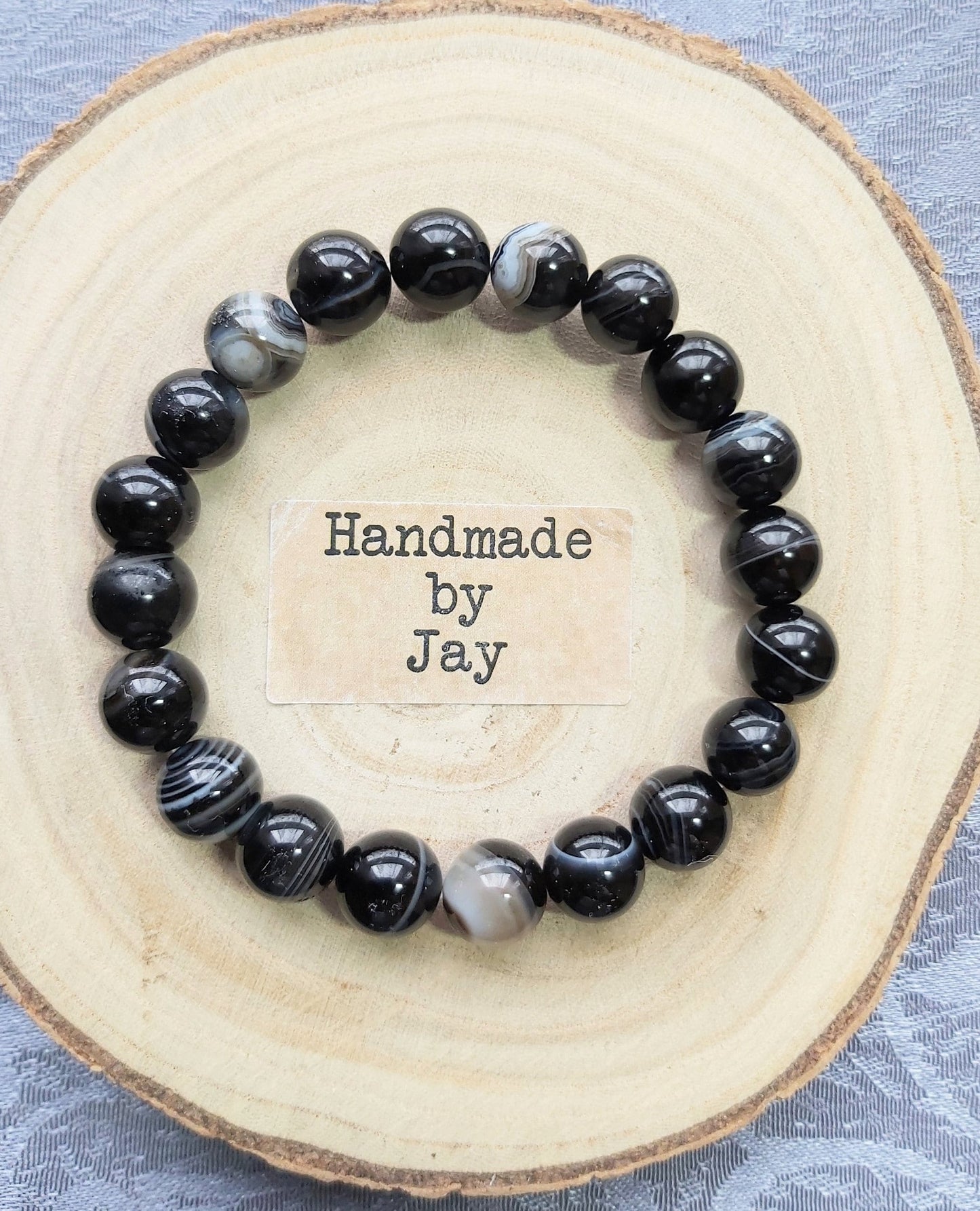 Handmade Natural 10mm Sardonyx Black Crystal Healing Stone Bracelet for Cleansing, Metabolism and Back Pain