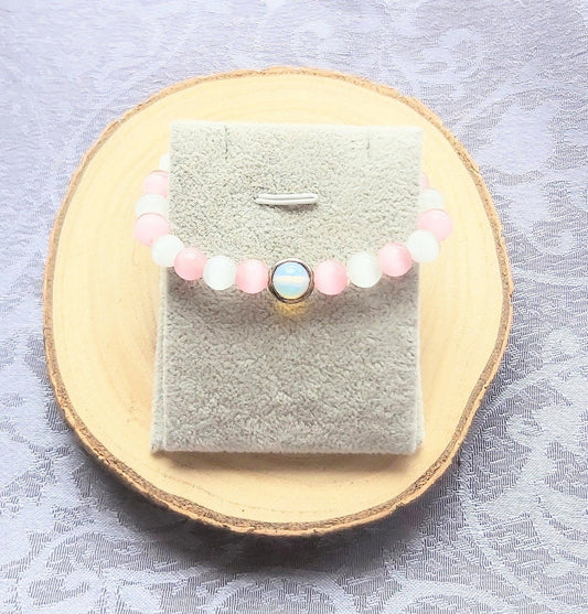 Rose Quartz, Moonstone & Selenite Crystal Gemstone Bracelet: 925 Sterling Silver