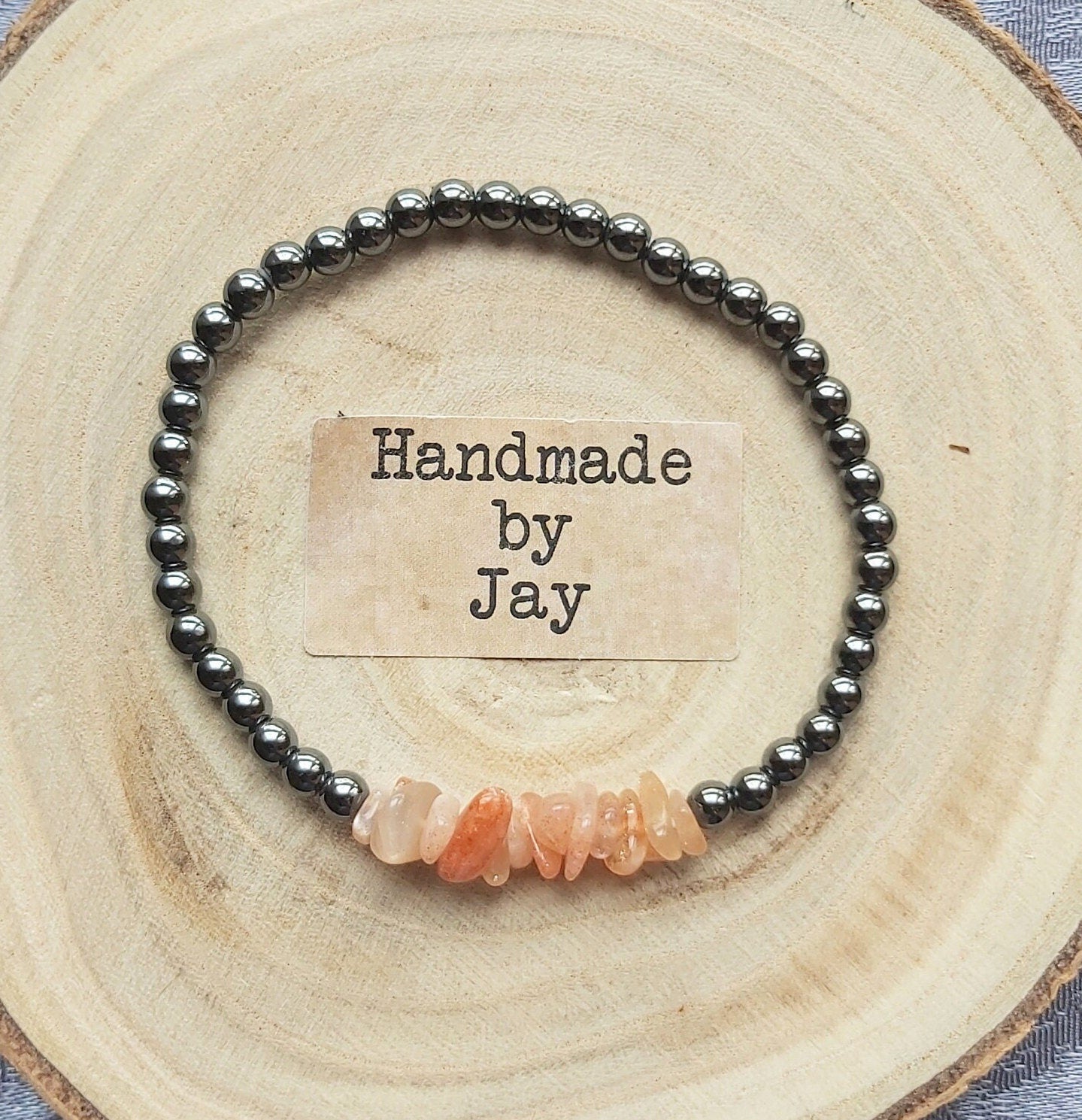 4mm Natural AAA Hermatite and Sunstone Crystal Gemstone Beaded  Bracelet for Root Chakra & Solar Plexus