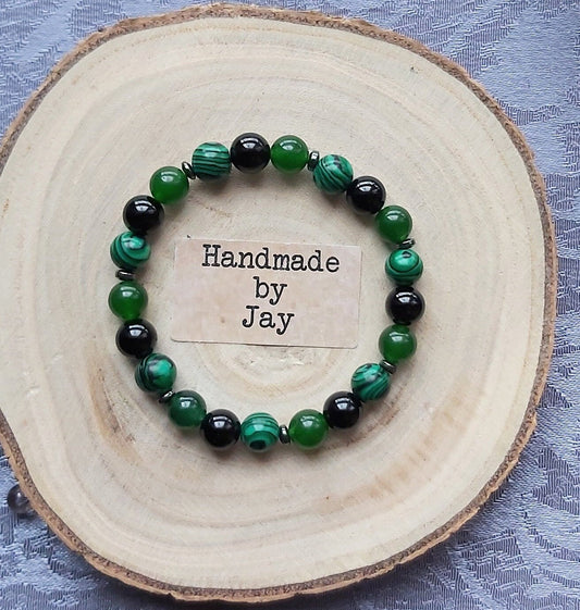 Malachite, Jade & Black Onyx Crystal Beaded Gemstone Bracelet