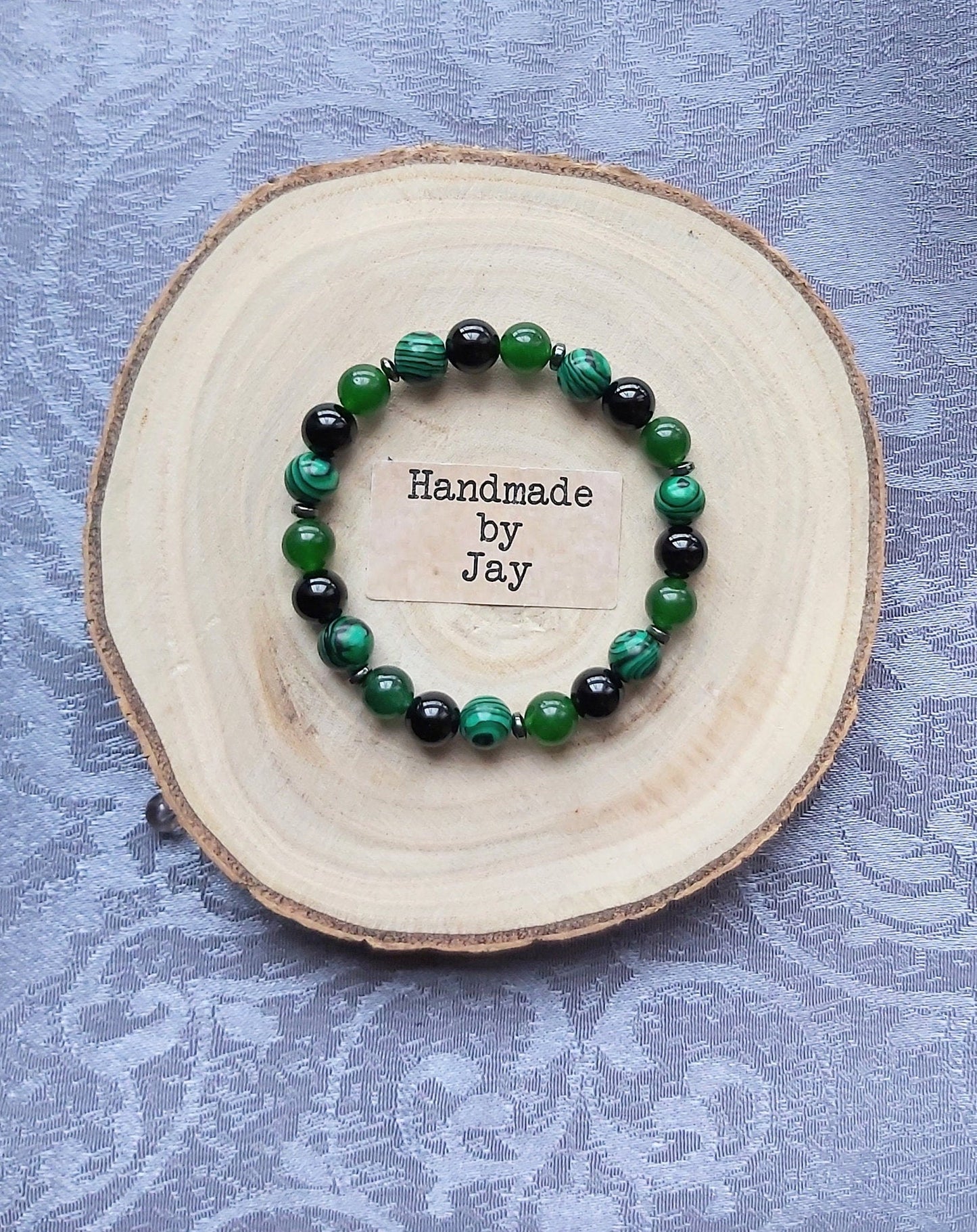 Green Malachite, Jade & Black Onyx Crystal Gemstone Beaded Bracelet