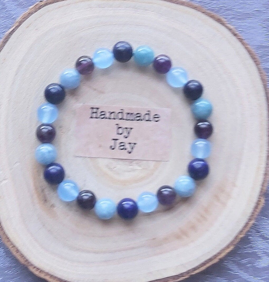 8mm Throat Chakra  Lapis Lazuli,  Amethyst & Aquamarine Crystal Gemstone Beaded Bracelet Reiki Chakra