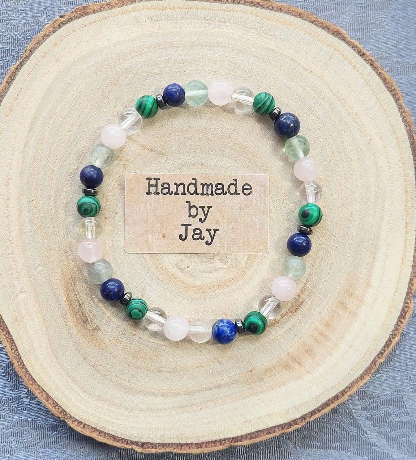 Handmade Crystal Healing Gemstone Bracelet: Malachite, Lapis Lazuli, Fluorite