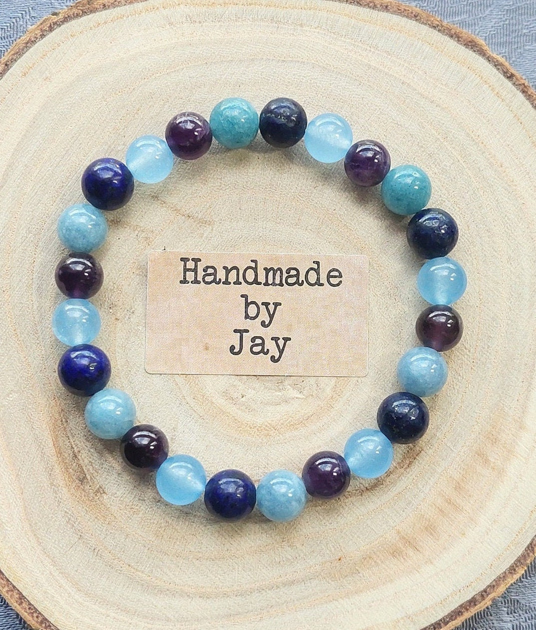 Handmade Lapis Lazuli Amethyst Aquamarine Bracelet: Reiki Healing