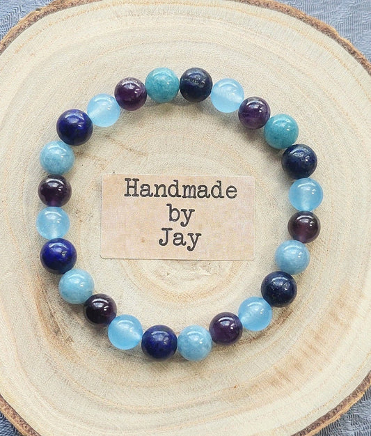 Handmade Lapis Lazuli Amethyst Aquamarine Bracelet: Reiki Healing