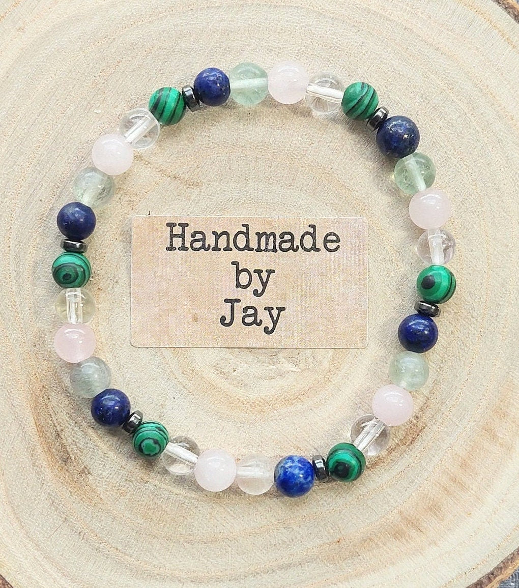 Handmade Crystal Healing Gemstone Bracelet: Malachite, Lapis Lazuli, Fluorite