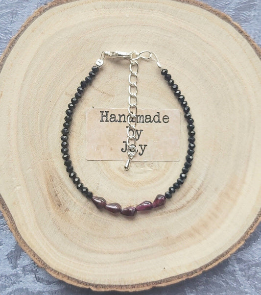 2mm Faceted Black Tourmaline &  Natural Garnet for Grounding and Protection Crystal Gemstone Beaded 925 Sterling Silver Bracelet