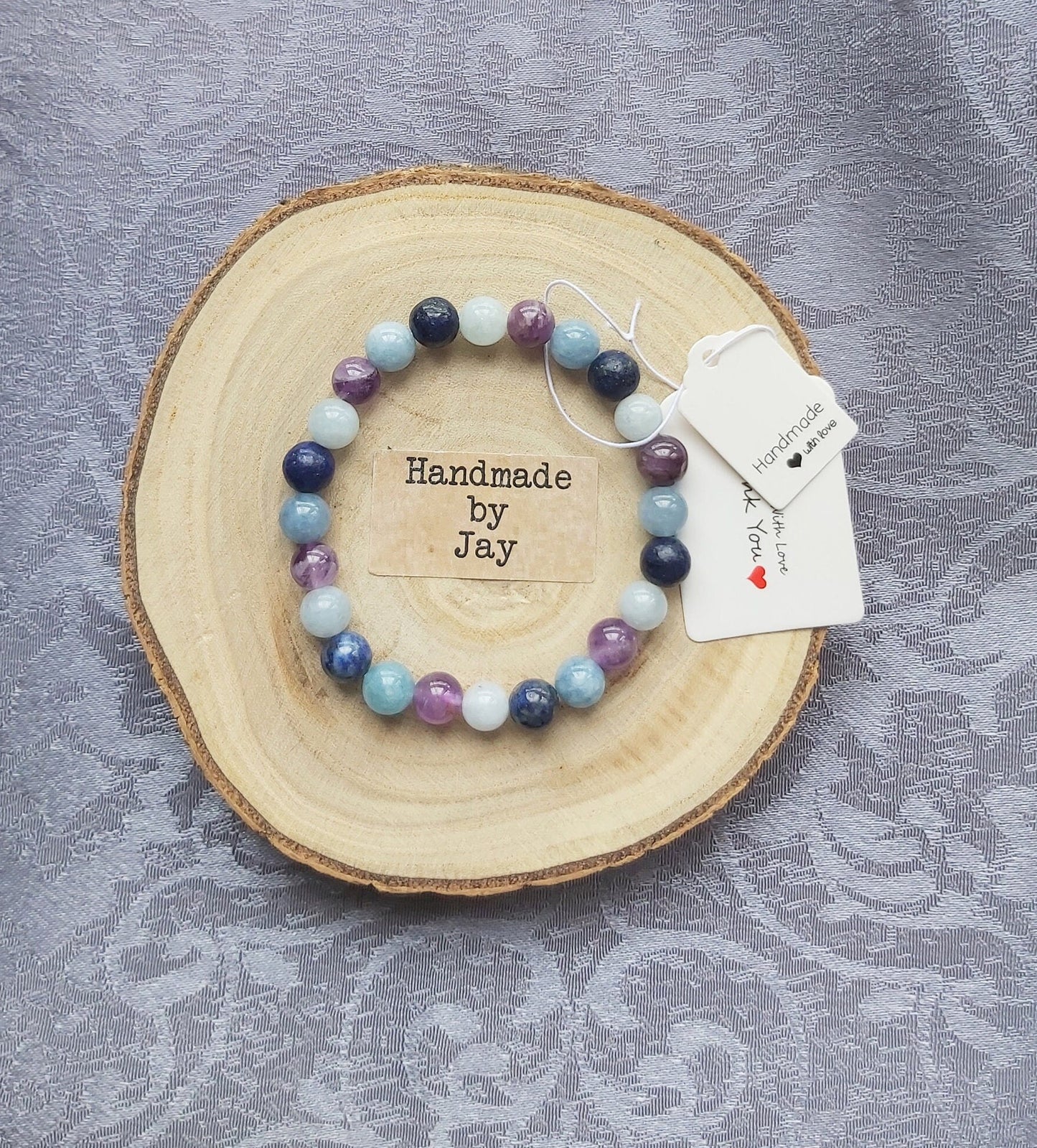 8mm  Undyed  Natural Lapis Lazuli, Amethyst and Aquamarine Crystal Gemstone Beaded  Bracelet Throat Chakra