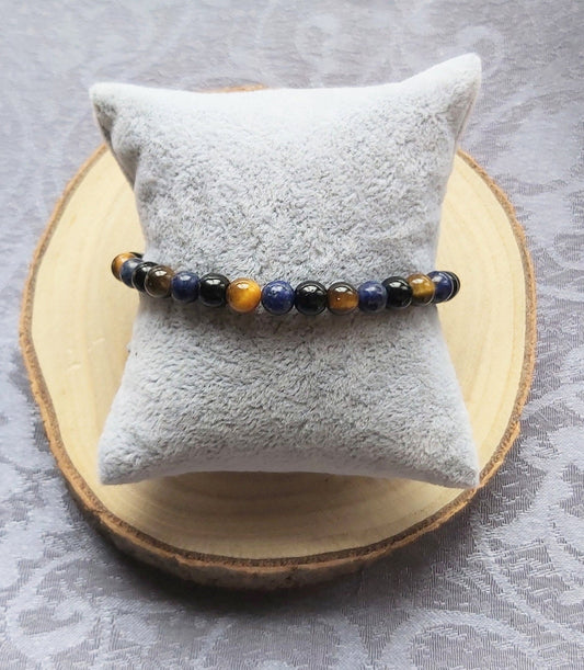 Lapis Lazuli, Tigers Eye & Black Obsidian Crystal Gemstone Beaded Chakra Bracelet