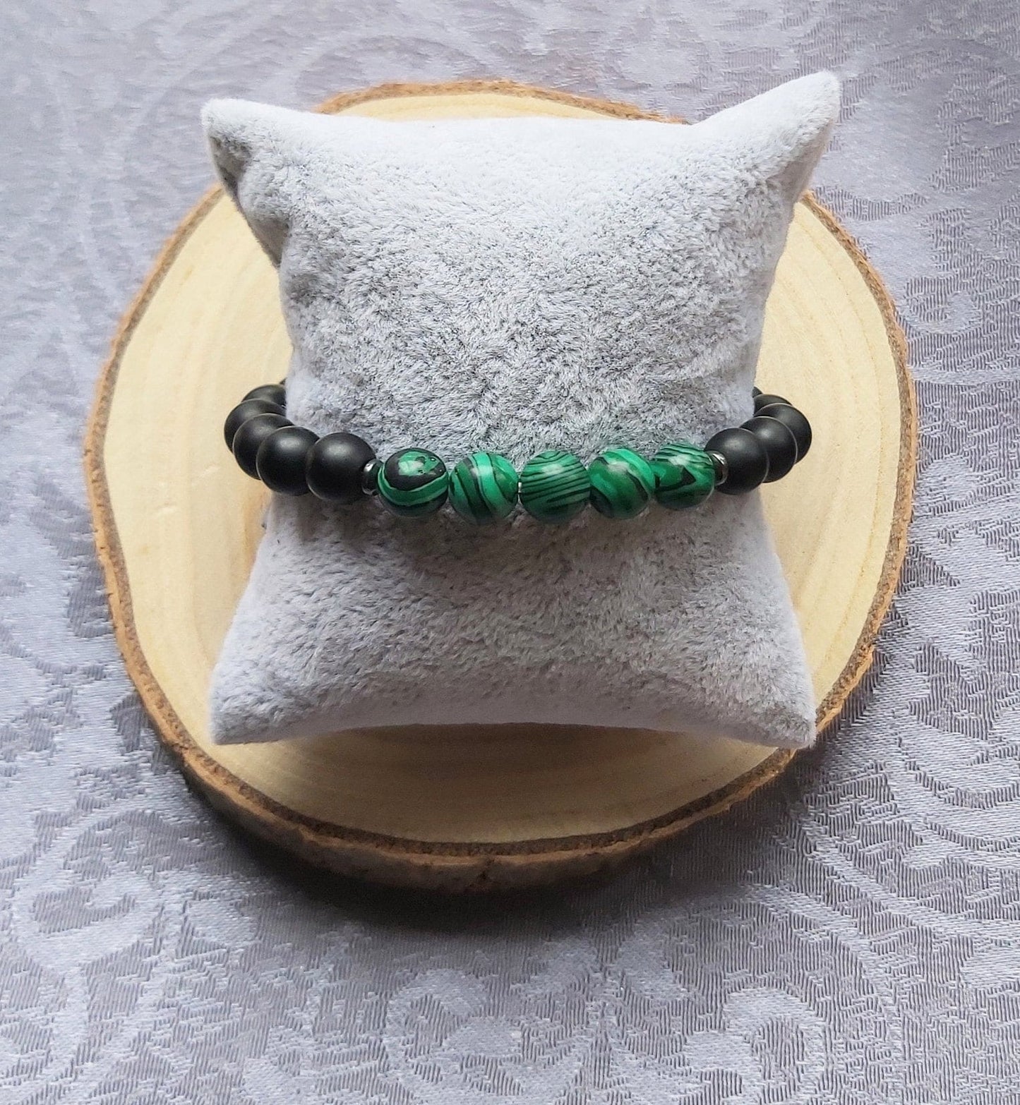 8mm Black Matt Oxyx and Green Malachite  Crystal Gemstone Beaded Chakra Bracelet