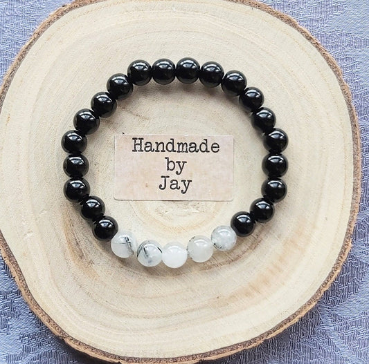 Handmade Natural 8mm Black Rutilated Quartz and Black Tourmaline Grounding and Protection Crystal Healing Beaded Bracelet