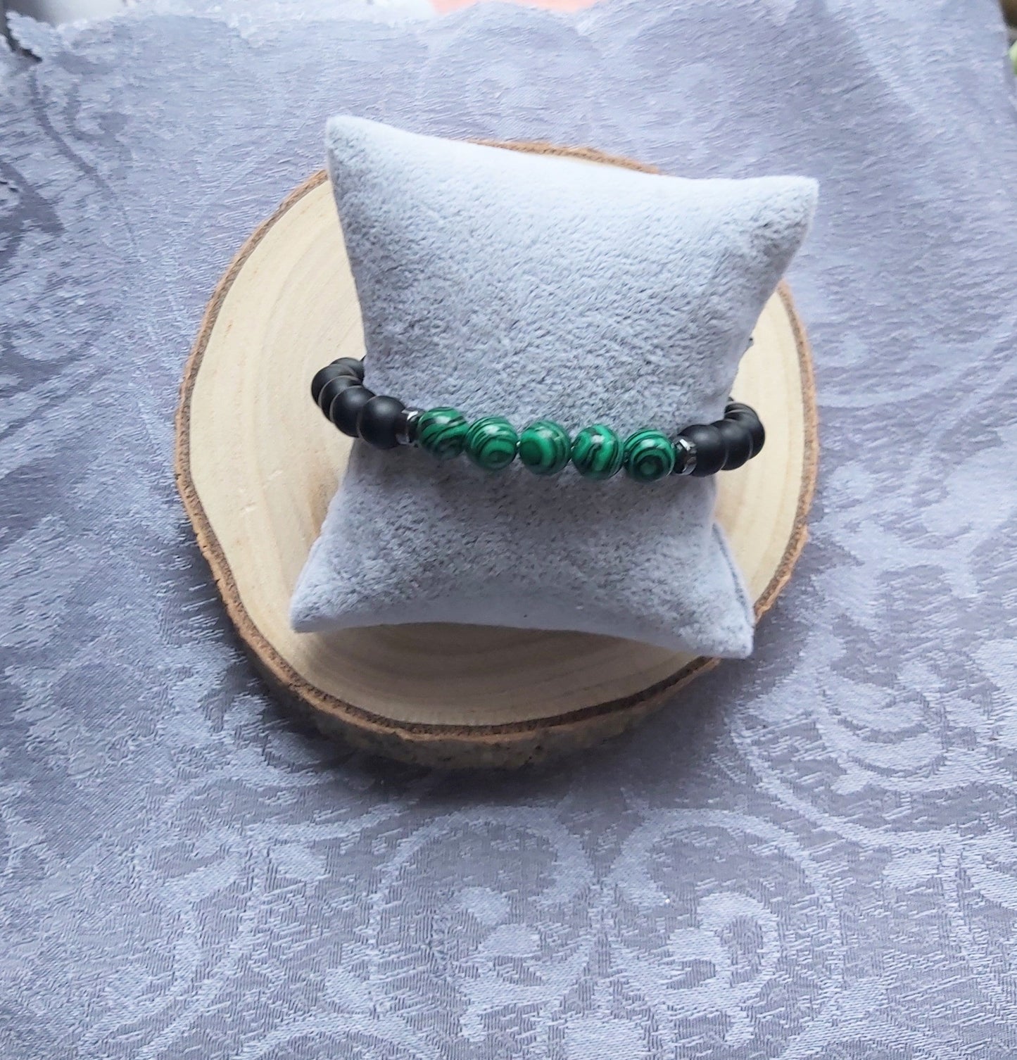 8mm Black Matt Oxyx and Green Malachite  Crystal Gemstone Beaded Chakra Bracelet