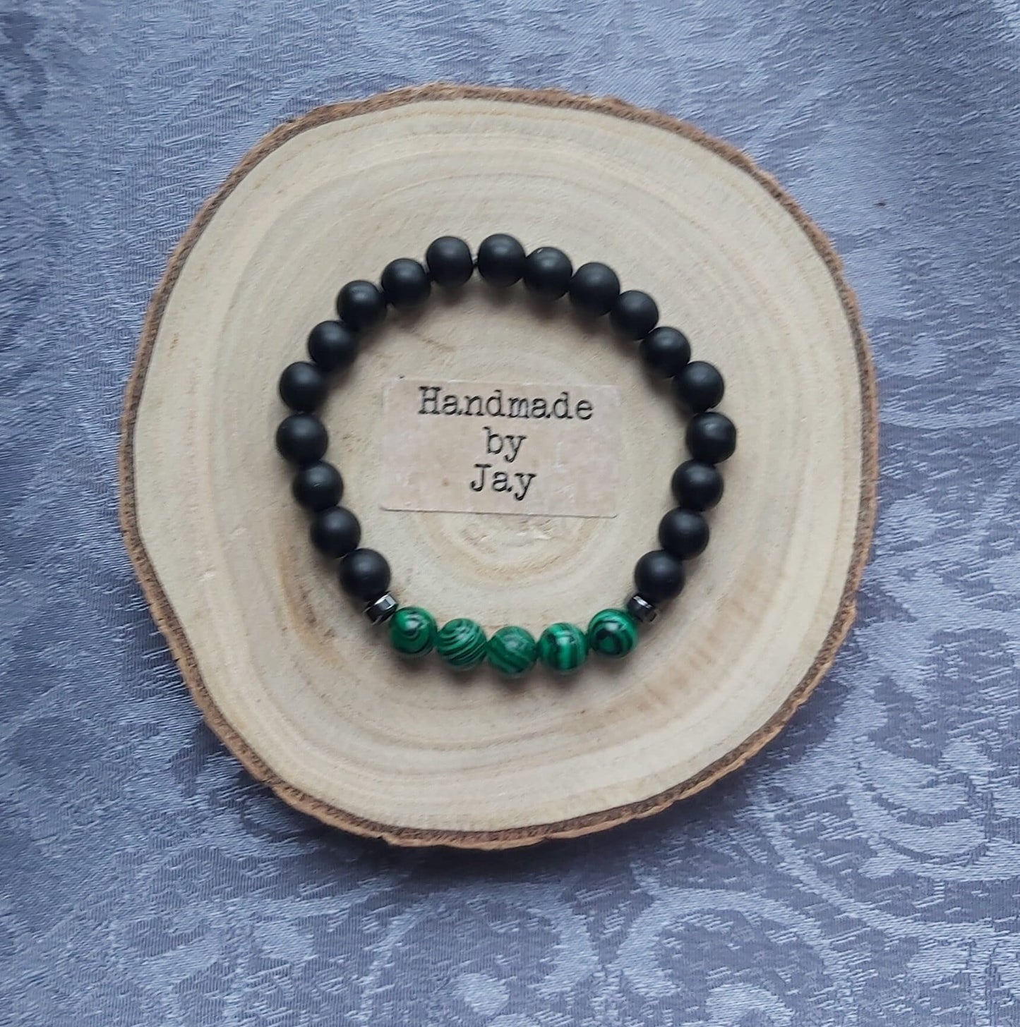 8mm Black Matt Oxyx and Green Malachite  Crystal Gemstone Beaded Chakra Bracelet