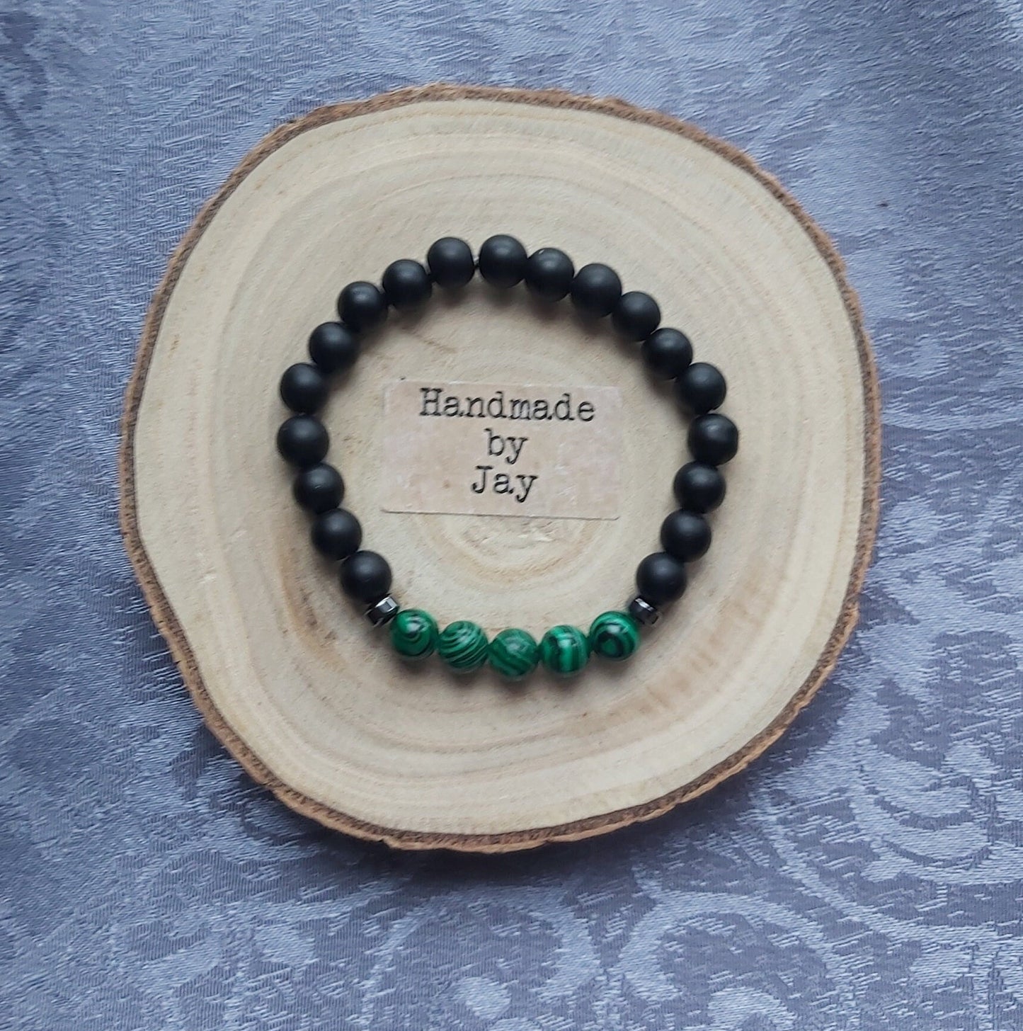 8mm Black Matt Onyx and Green Malachite Crystal Gemstone Beaded Chakra Bracelet