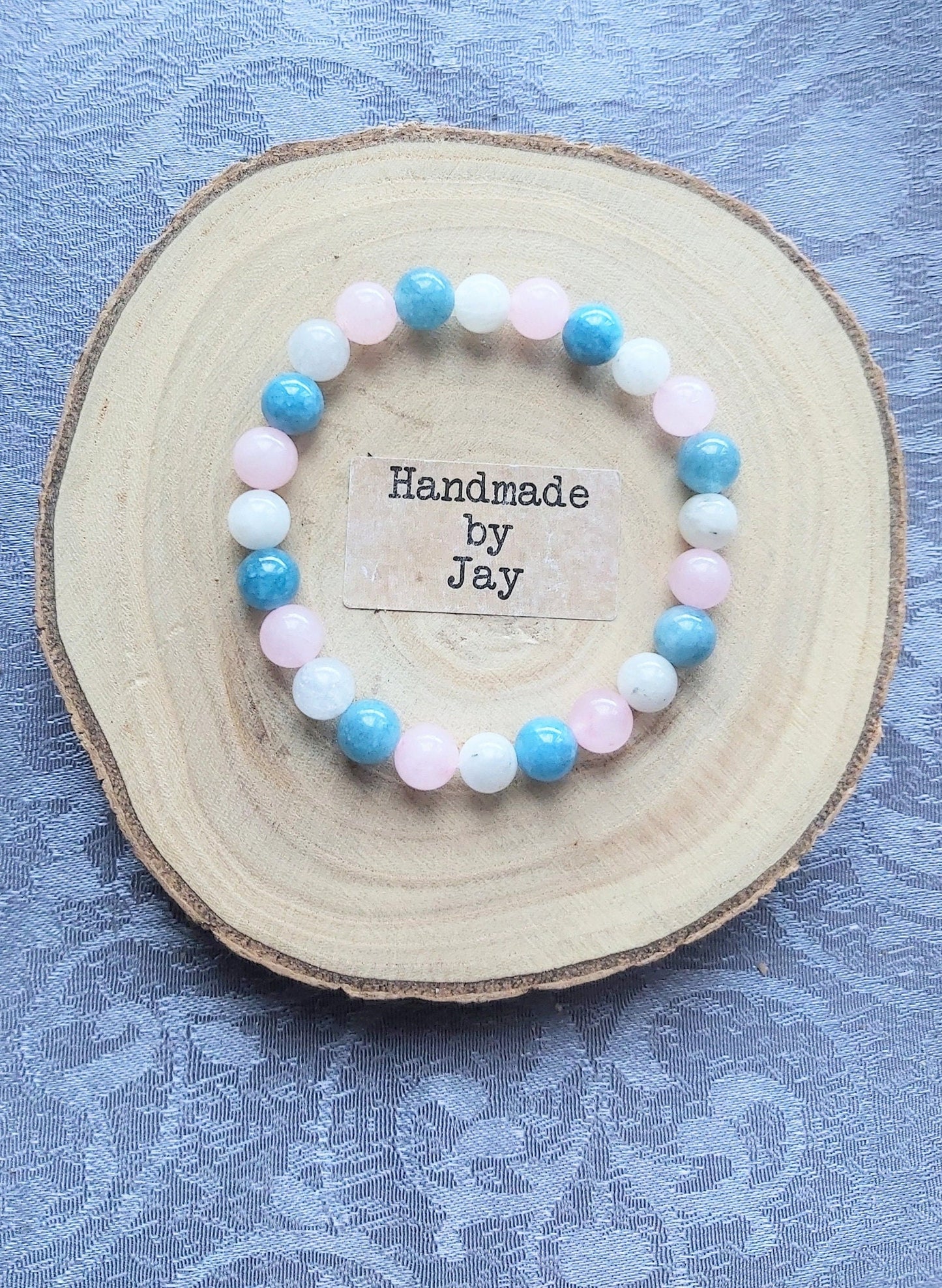 8mm Moonstone, Rose Quartz & Aquamarine Crystal Beaded Bracelet for Fatigue, Headaches, IVF, Fertility and Aligning the Chakras