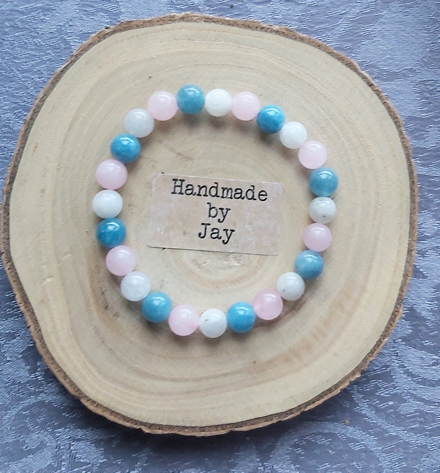 8mm Moonstone, Rose Quartz & Aquamarine Crystal Beaded Bracelet for Fatigue, Headaches, IVF, Fertility and Aligning the Chakras