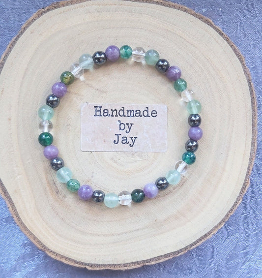 Lepidolite, Tourmaline & Fluorite Crystal Gemstone Beaded Bracelet