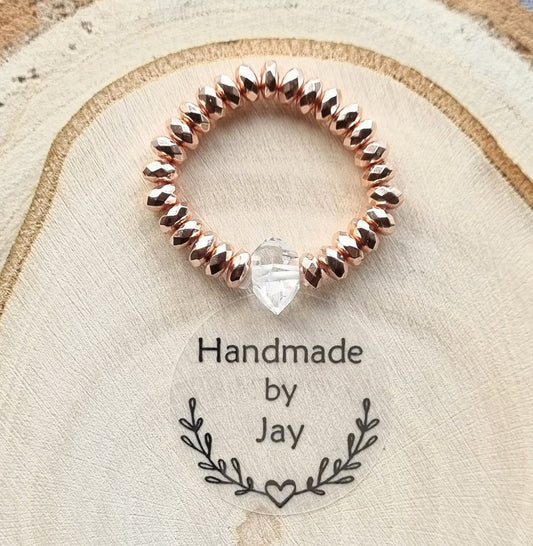 Rose Gold Hematite with Herkimer Diamond Crystal Gemstone Ring