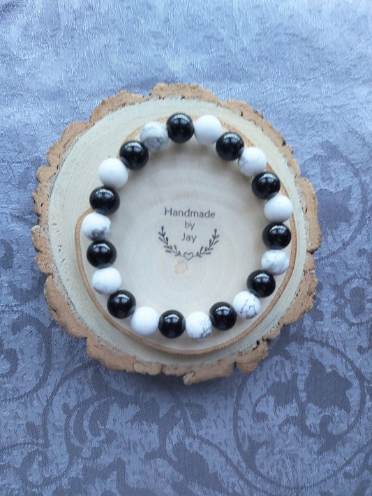 Black Tourmaline and Howlite for ADHD, Anxiety & Grounding Crystal Beaded Bracelet