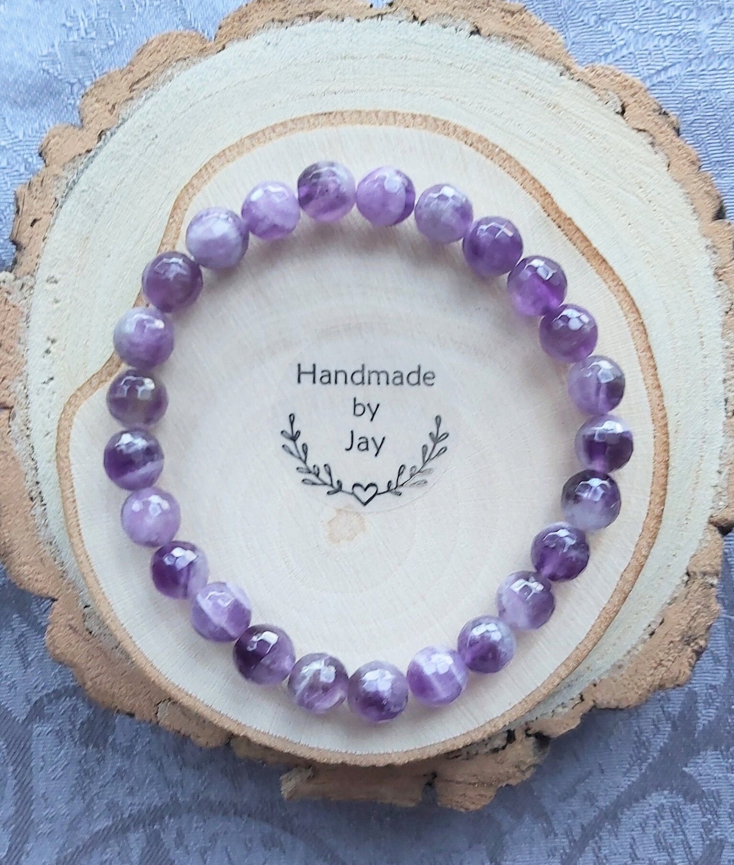 Handmade 8mm Faceted Dream Amethyst Crystal Gemstone Beaded  Crown and Heart Chakra  Bracelet