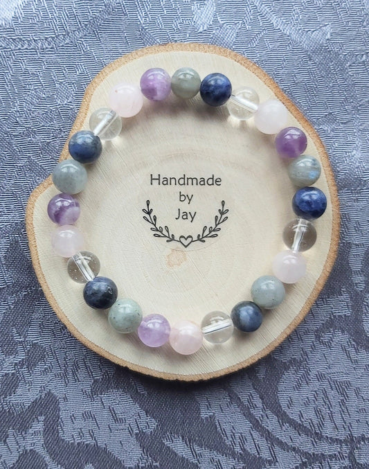 Calming Crystal Beaded Bracelet: Rose Quartz, Lapis Lazuli, Amethyst