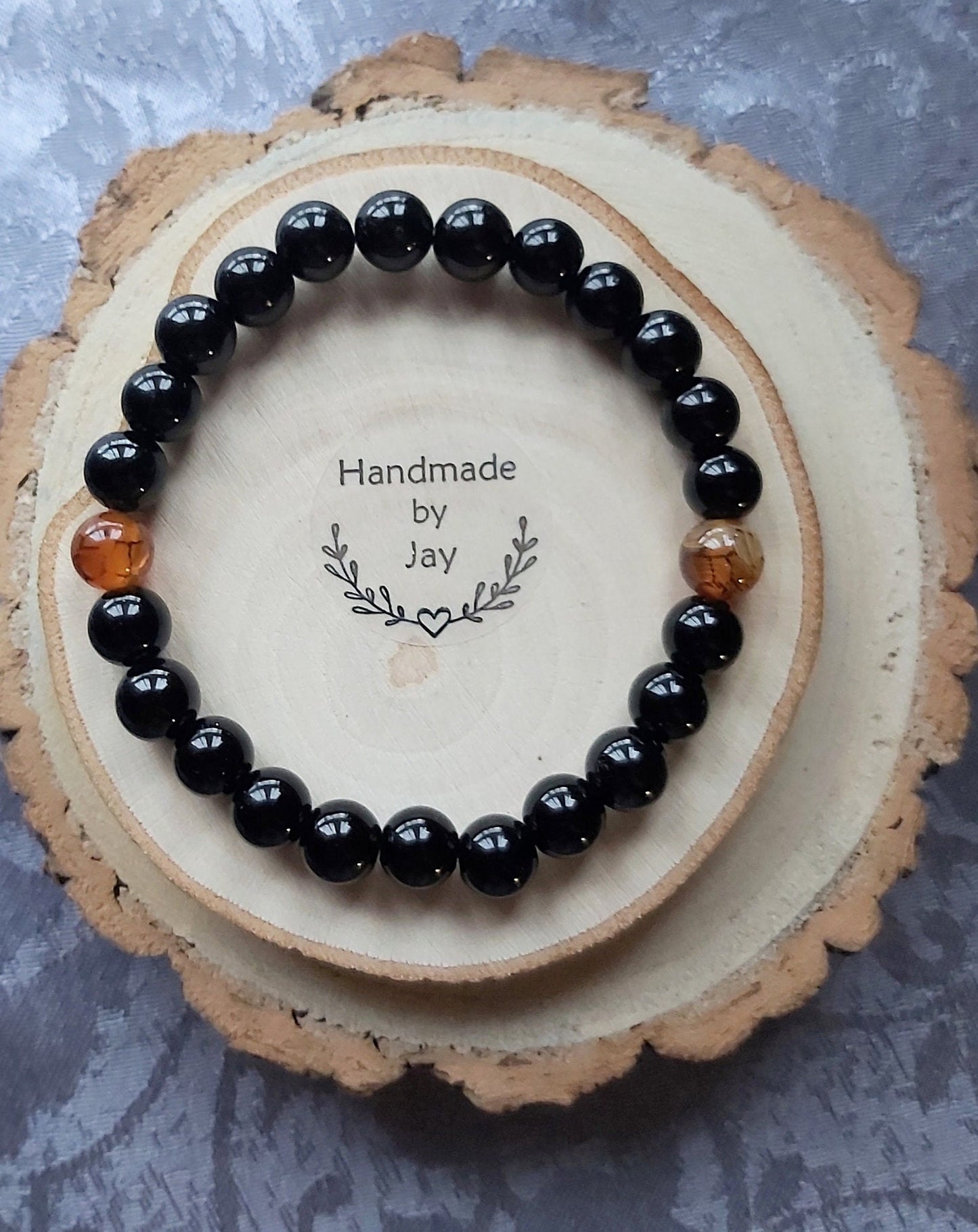 Handmade 8mm Black Tourmaline and Orange Dragons Vein Agate Crystal Gemstone Bracelet for Protection, Grounding and Yin-yang Energy