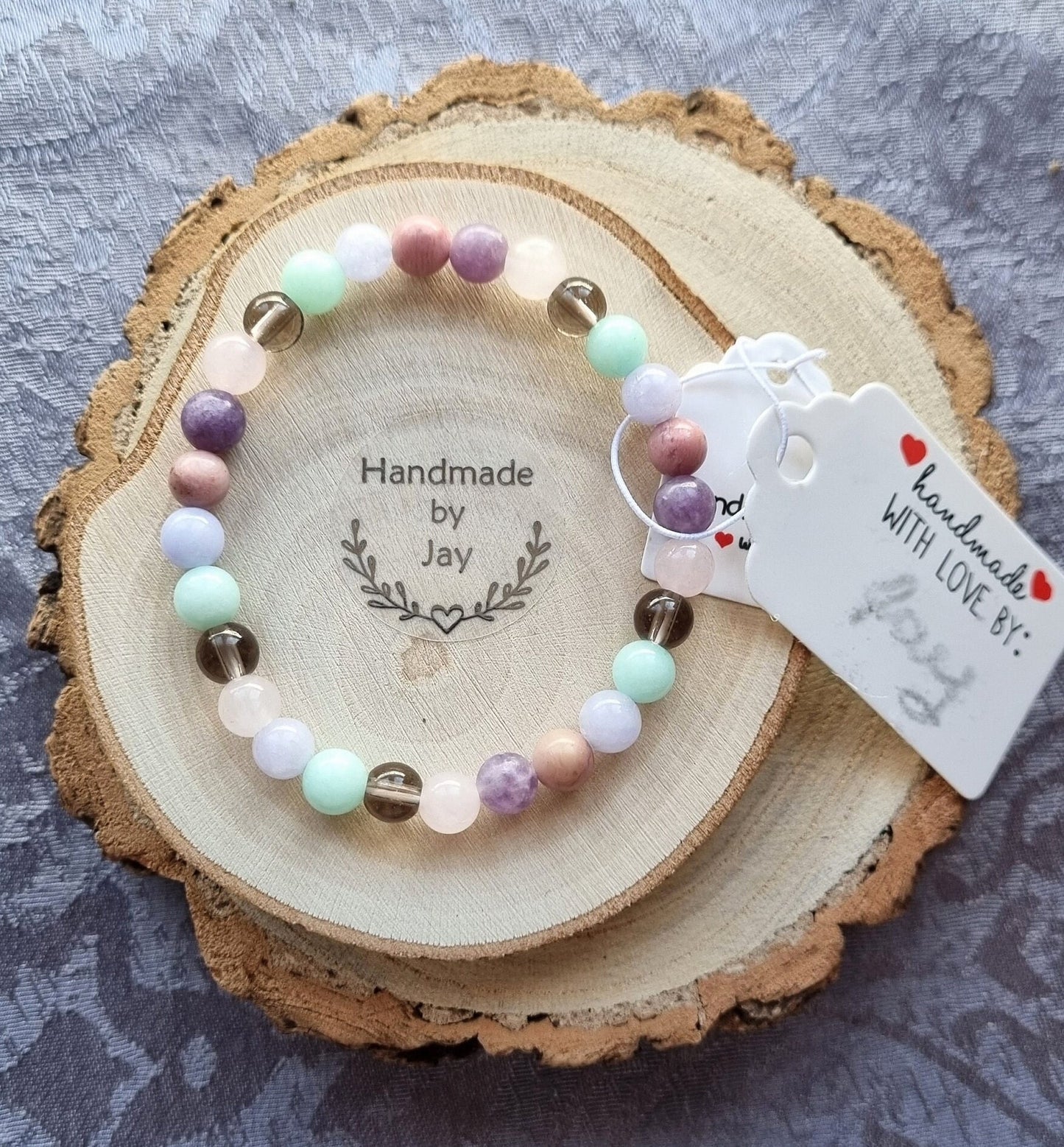 6mm Rose Quartz, Amazonite, Lepidolite and Smoky Quartz Crystal  Gemstone Beaded Bracelet