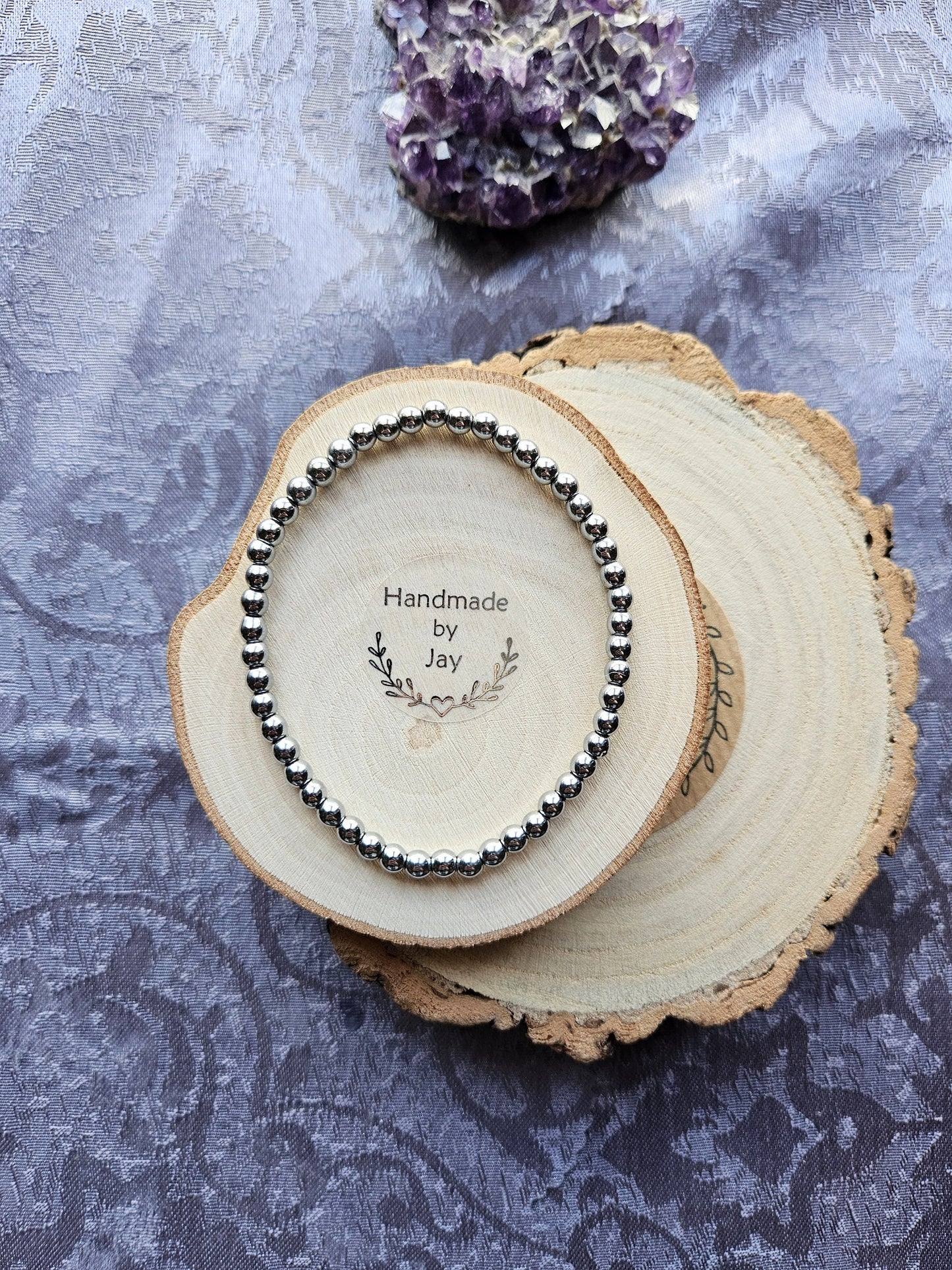 4mm Silver Hematite Crystal Gemstone Root Chakra Beaded Bracelet